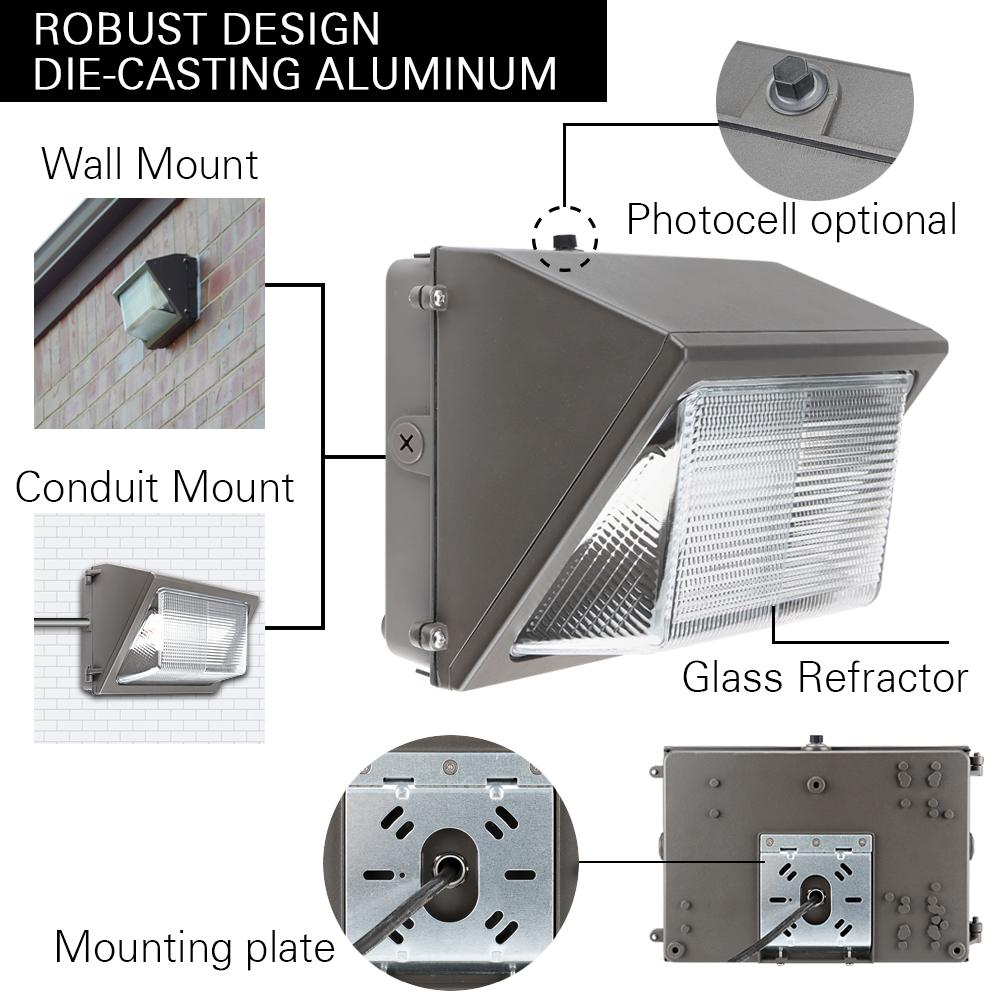Konlite 60W LED Wall Pack Light with Photocell - 8,100 Lumens, 5000K Daylight White, 0-10V Dimmable, 120-277V, 150W Equivalent - Outdoor Security Lighting for Buildings, Parking Lots & Walkways