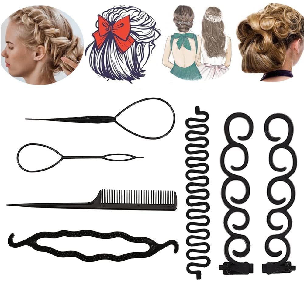 ASG Women's Hair Styling Kit - 7 Piece French Braid Tools & Hair Accessories Set (Black) for DIY Hairstyles, Parties, Weddings & Everyday Use