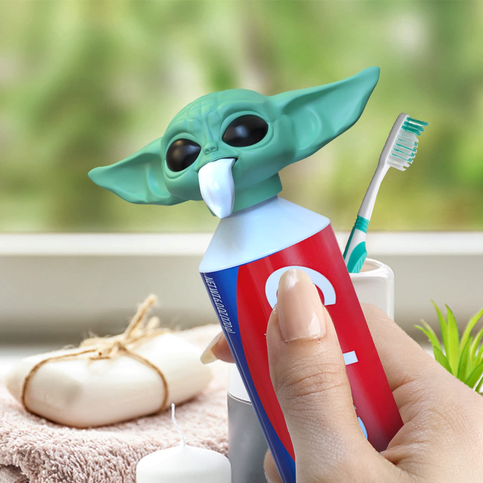 2022 The Child Toothpaste Cap Dispenser for Kids and Adults - Baby Yoda Toothpaste Topper & Funny Toothpaste Squeezer for Star Wars Fans (Green) - Perfect for Bathroom Organization & Kids Dental Care