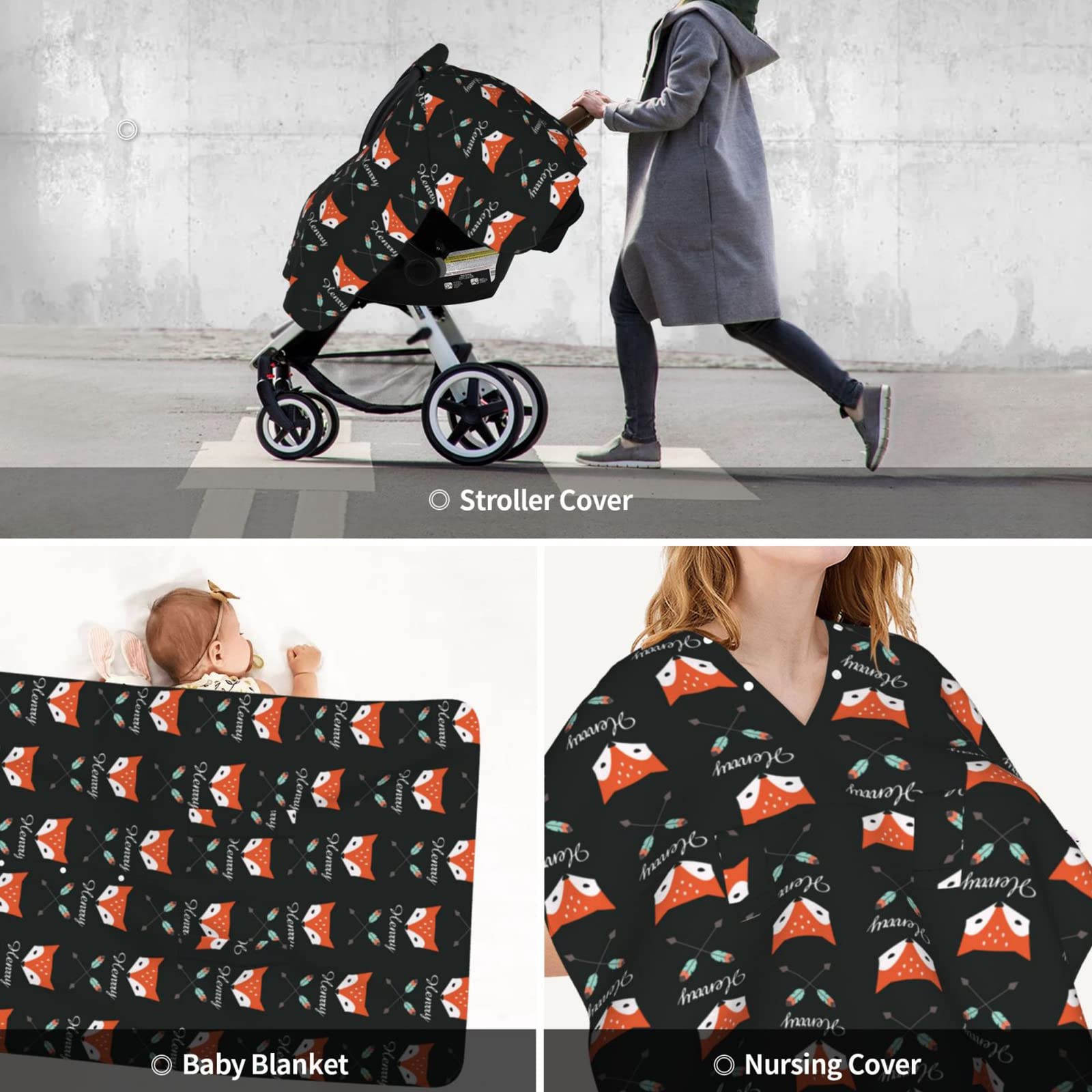 Custom Personalized Tribal Fox & Arrow Baby Car Seat Canopy - Embroidered Name, Minky Nursing Blanket for Boys & Girls - Stroller Cover & Breastfeeding Canopy (27.5