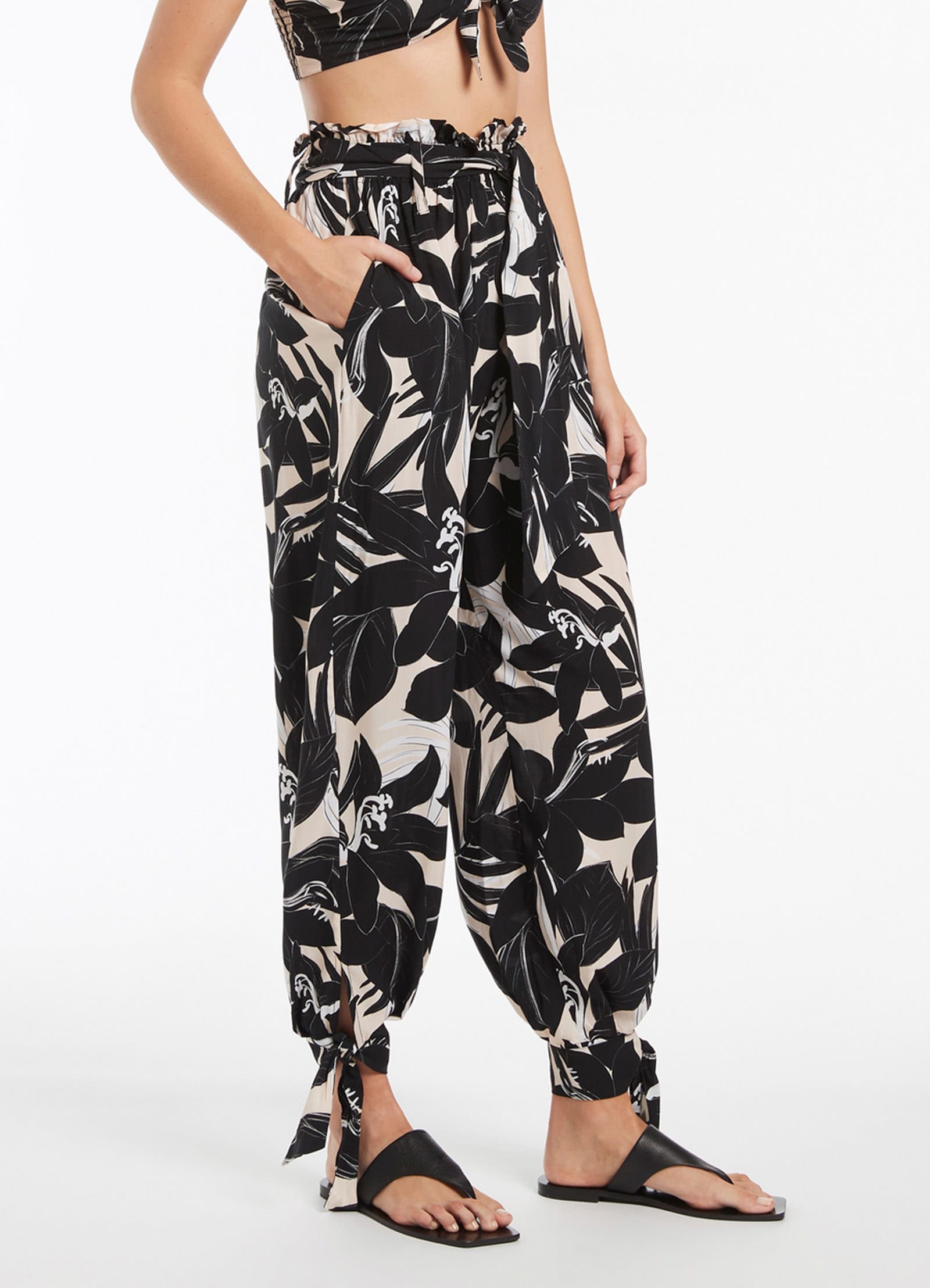 Floral Print Tie Cuff Pants for Women - Elegant Black Wide Leg Palazzo Trousers for Office, Party & Casual Wear