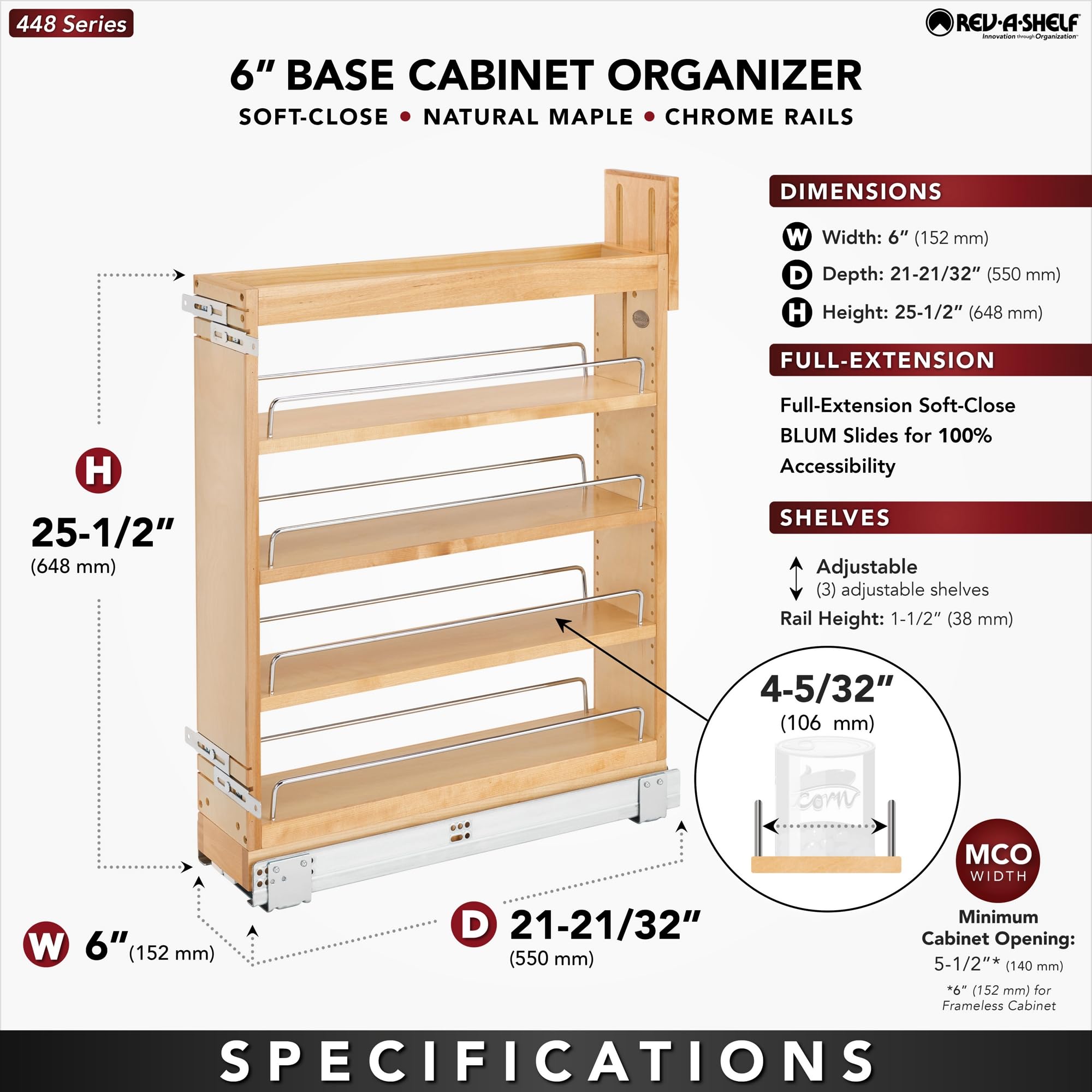 Rev-A-Shelf 5.5-Inch Pullout Cabinet Organizer with Soft-Close Full Extension Slides & Adjustable Shelves - Perfect for Kitchen and Bathroom Storage (Model 448-BCSC-5C) - Ideal for Spice Racks, Cleaning Supplies, and Toiletries Organization