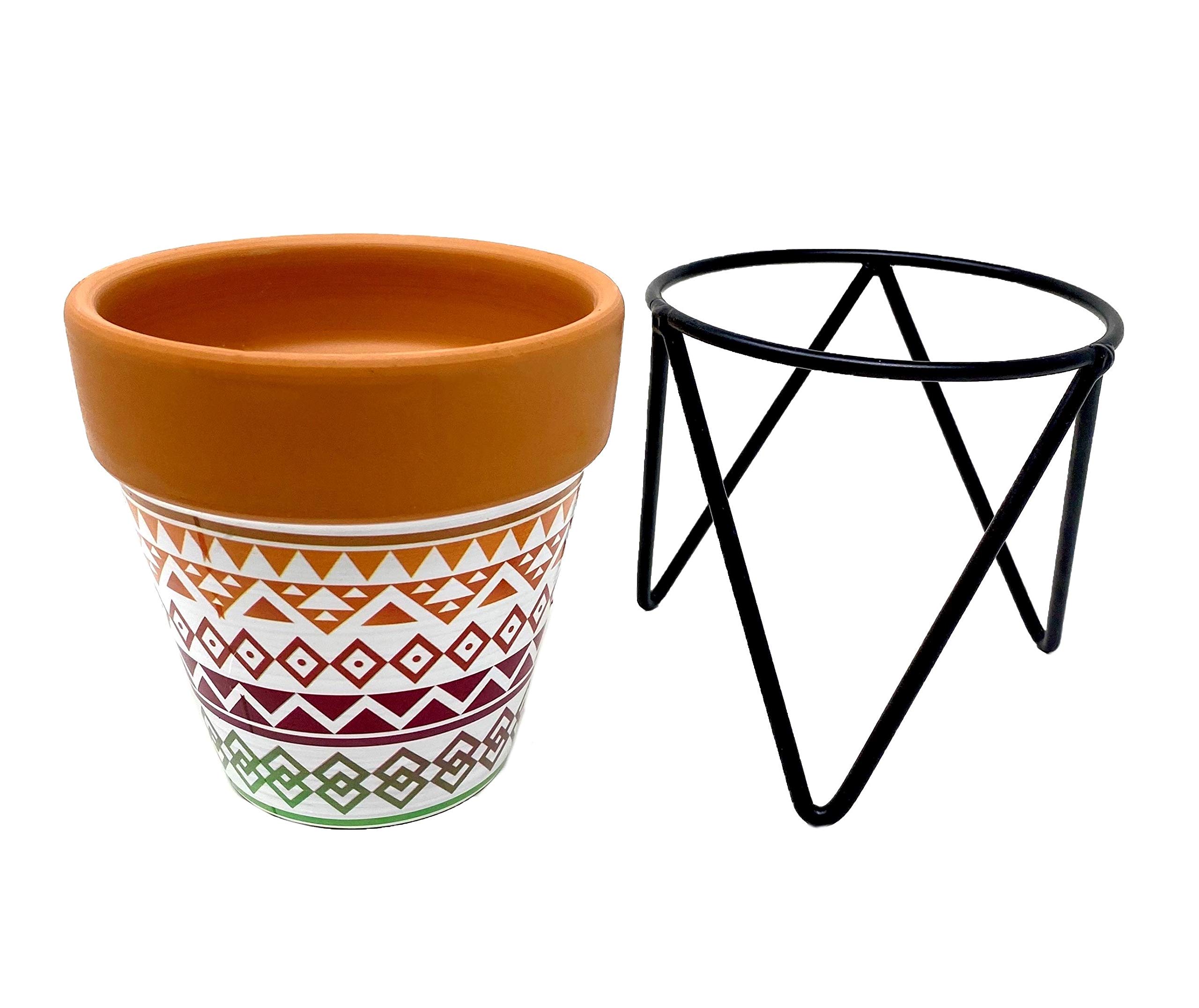 TJ Global Succulent Cactus Planter - Tribal Print Terracotta Pot with Iron Stand, Small Indoor Plant Pot with Drainage Hole for Home, Office, Desk, or Garden Decor | Perfect for Succulents, Cacti, and Small Plants