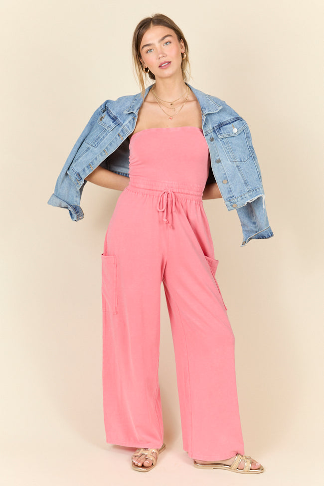 Kind Energy Coral Strapless Knit Jumpsuit for Women - Summer Beachwear & Party Outfit - Comfortable Stretchy Fabric, Flattering Fit - Perfect for Vacations, Weddings & Date Nights