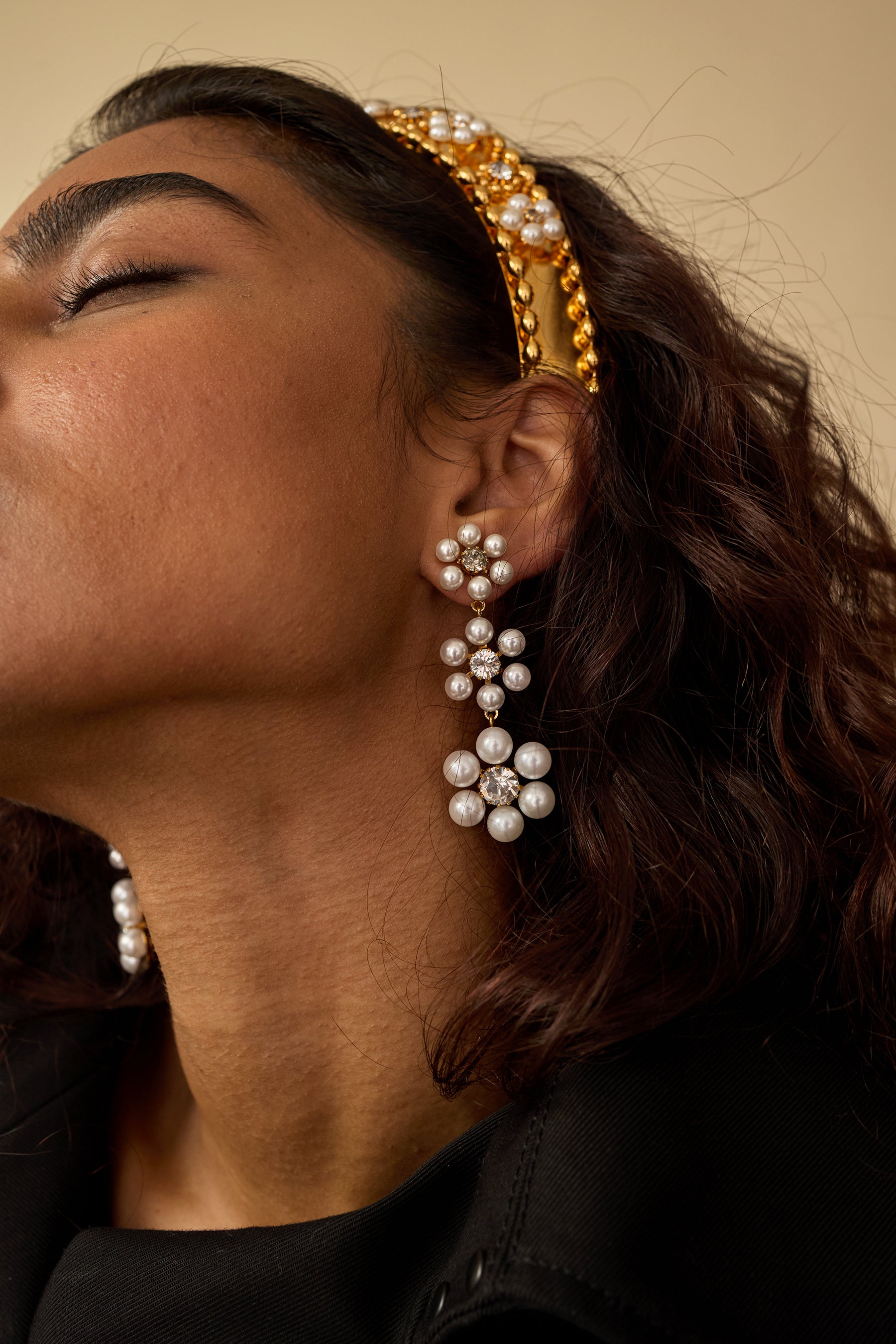 Hannah Floral Pearl Triple Drop Earrings for Women - Elegant Dangling Pearl Jewelry for Wedding, Party & Special Occasions