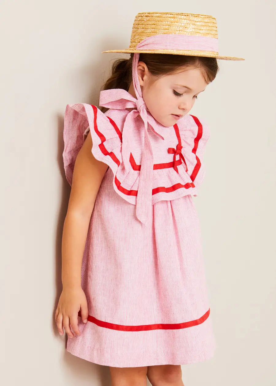 Lawrence Striped Ruffle Bib Sleeveless Dress for Girls - Red (Size 12 Months to 8 Years) | Casual Summer Outfit, Birthday Party Dress, Photoshoot Outfit, Playdate Attire