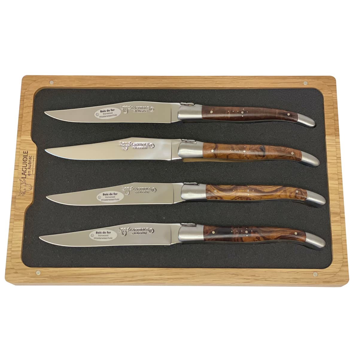 Premium Laguiole en Aubrac Luxury Forged Full Tang Stainless Steel Steak Knives Set - 4-Piece with Desert Ironwood Handles & Brushed Steel Bolsters - Perfect for Fine Dining, Steakhouse Experience & Gourmet Gifts