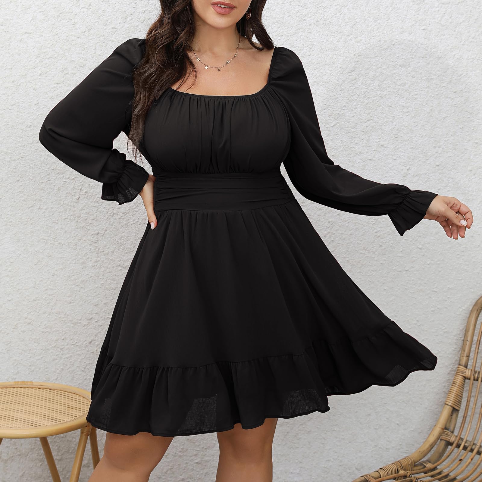 Byinns Women's 2024 Plus Size Tie Back Square Neck Mini Dress with Long Lantern Sleeves & Elastic Waist - Wedding Guest, Party, Cocktail, Summer Dress for Casual & Formal Occasions
