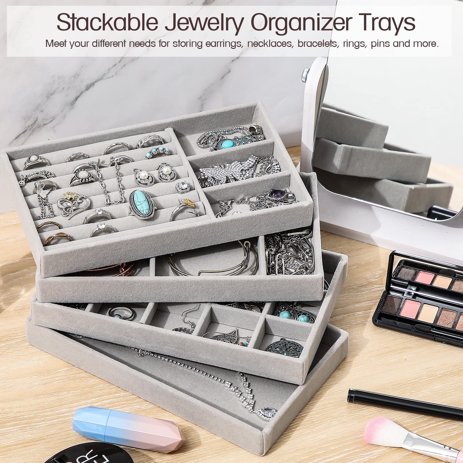 16-Piece Stackable Velvet Jewelry Organizer Set - 8.3x5x1 Inch Drawer Inserts for Rings, Earrings & Accessories | Closet & Dresser Storage Solution | Perfect Wedding Gift for Women & Girls
