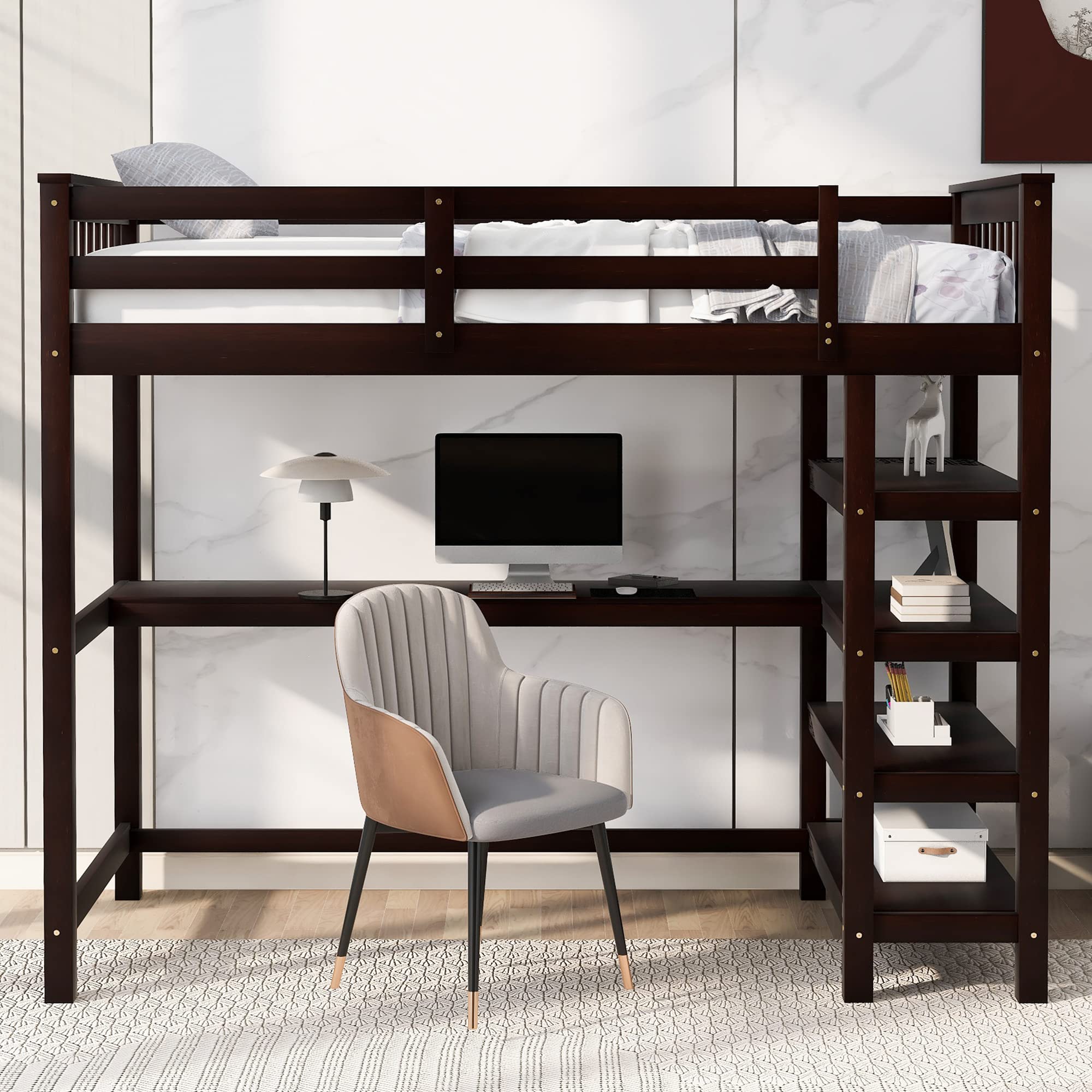 Harper & Bright Designs Twin Size Loft Bed with Desk - Wooden Study Loft Bed with Storage Shelves for Kids & Teens - Space-Saving Bedroom Furniture for Small Rooms - No Box Spring Needed - Espresso Finish - Perfect for Dorm Rooms, Studio Apartments & Kids' Bedrooms