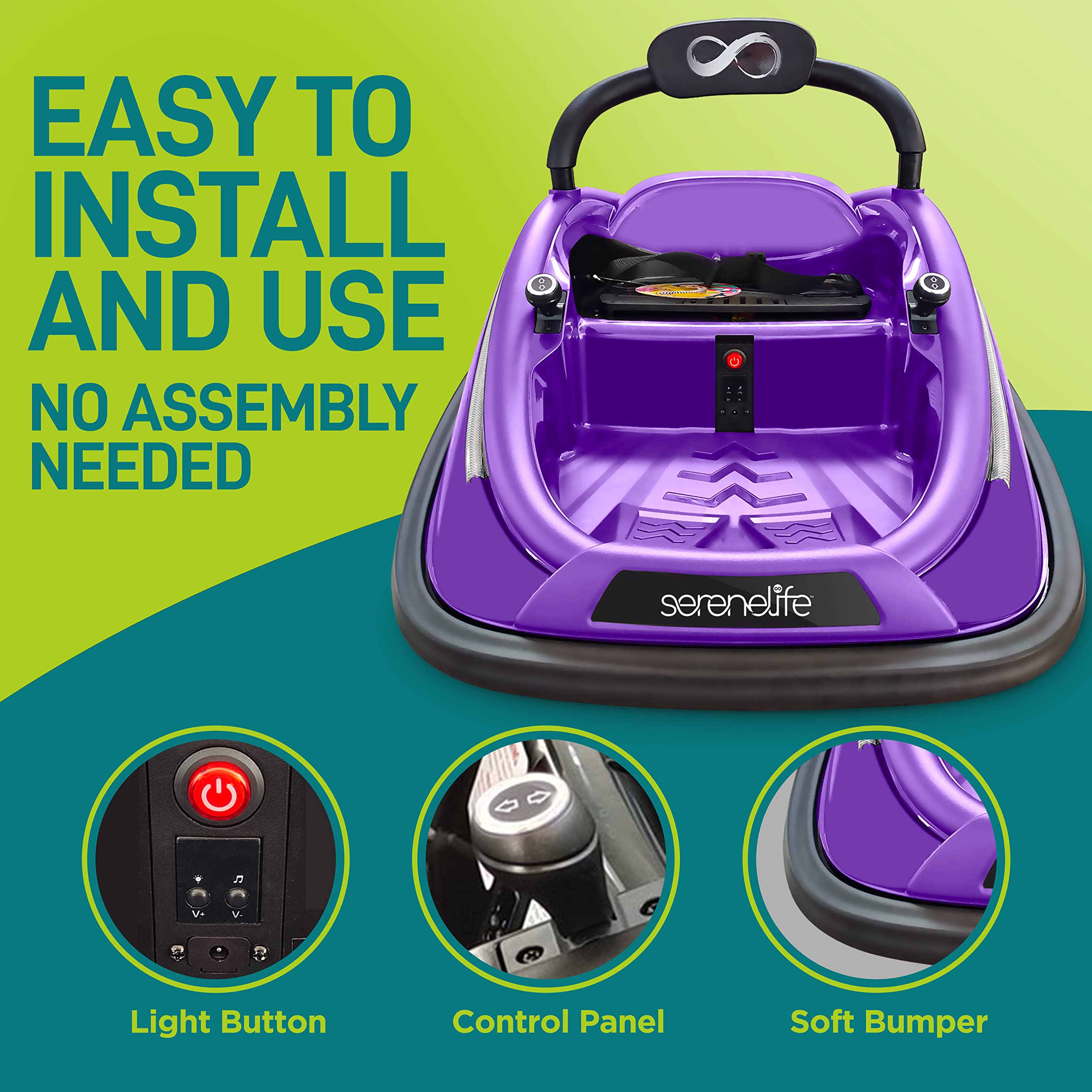 SereneLife 12V Electric Bumper Car for Kids - Rechargeable Battery Powered Ride On Toy with 2 Speed Modes, Parent Remote Control & Safety Features - Perfect for Indoor & Outdoor Play, Birthday Gifts (Purple)
