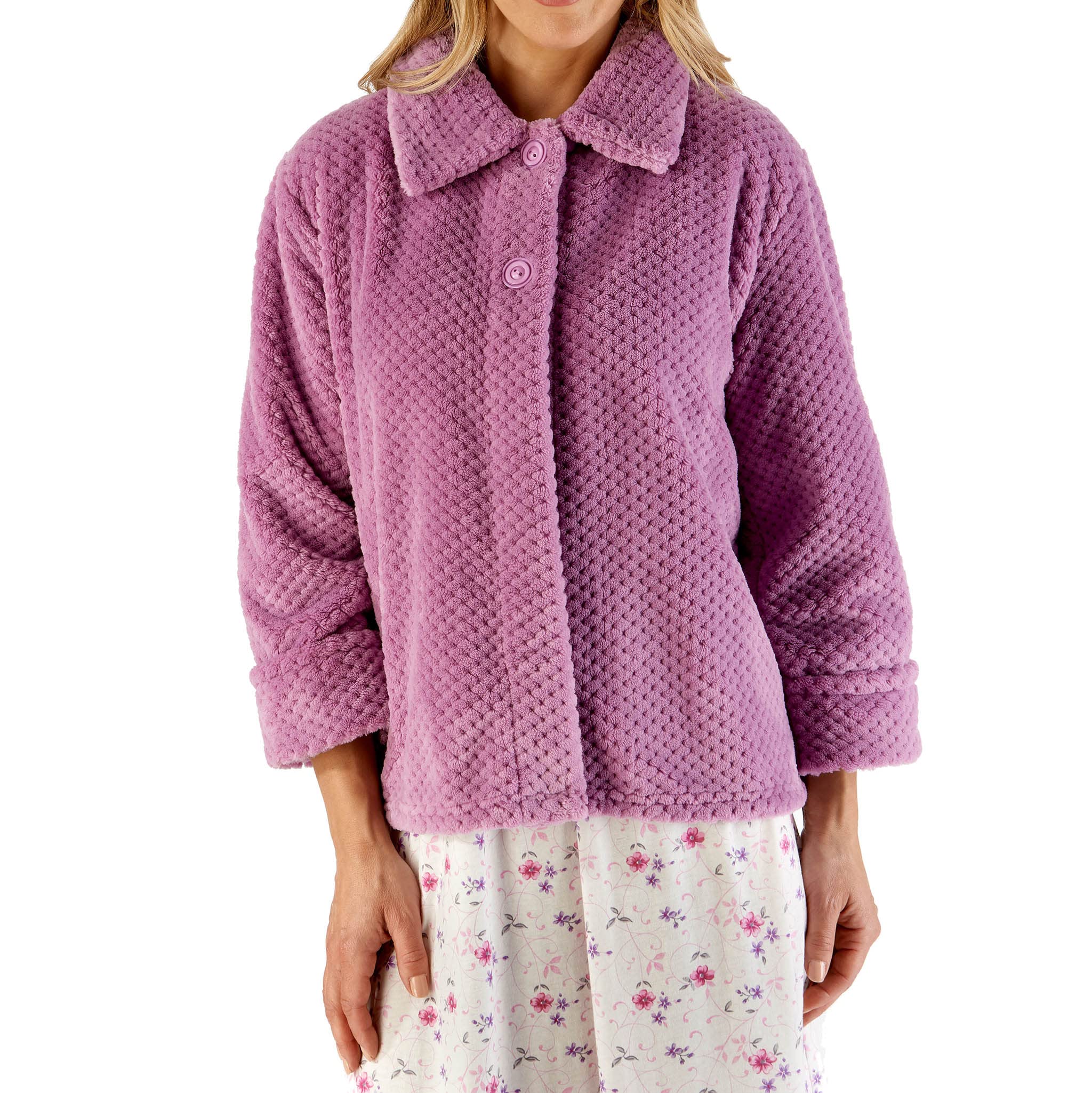 Slenderella Women's Winter Bed Jacket - Soft Thick Light Purple Waffle Fleece Collared Button Up Coat - XXL (24-26) - Cozy Loungewear for Cold Nights at Home