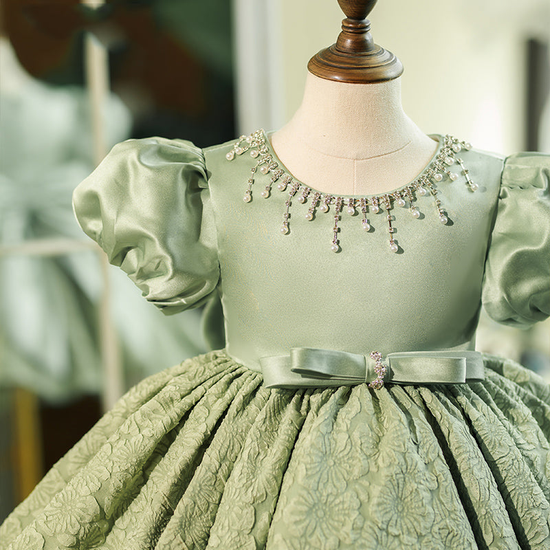 Sage Green Princess Flower Girl Dress - Satin Lace Bow for Weddings, Baptisms & Special Occasions