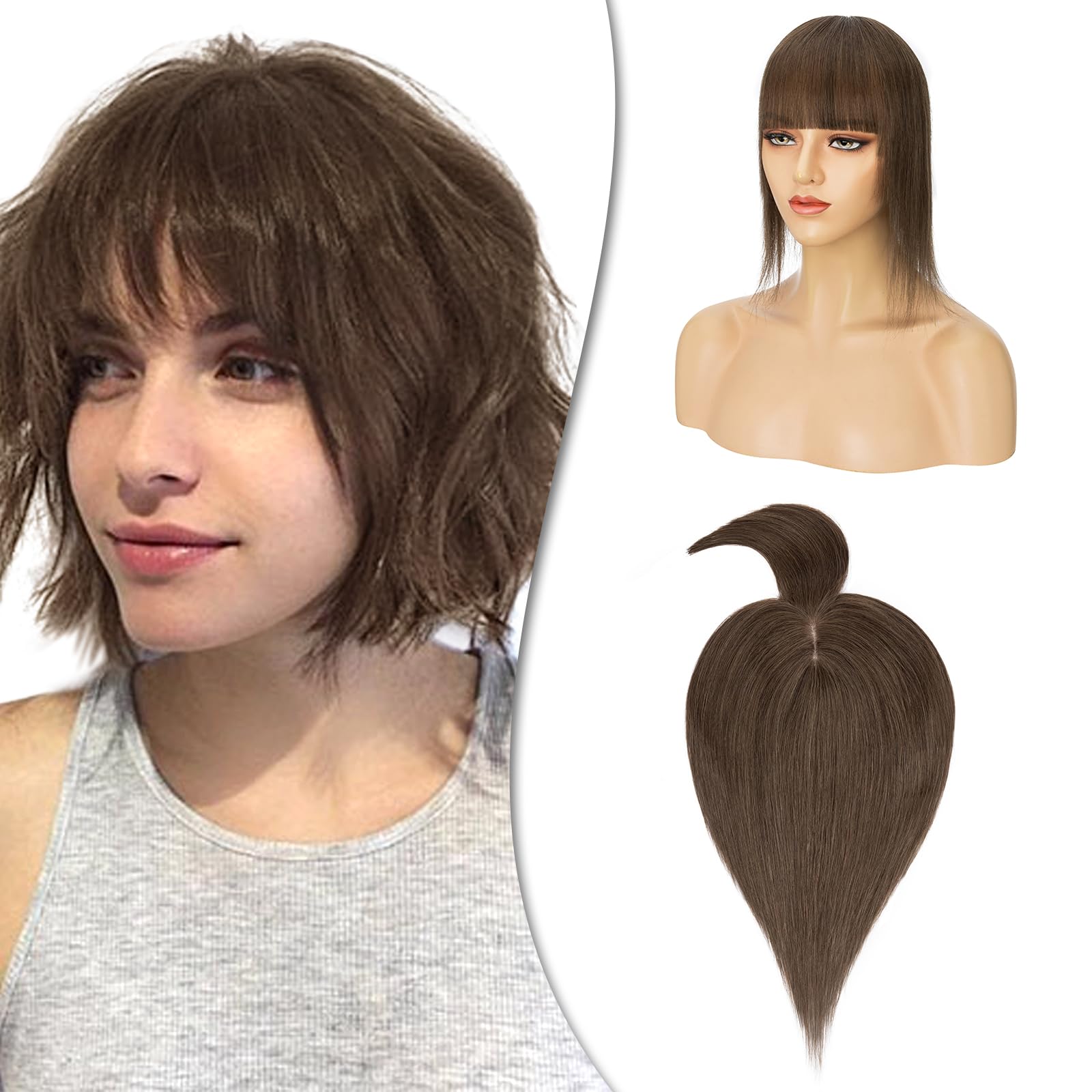 Clip In Hair Toppers for Women - 18 Inch Human Hair Topper with Bangs & Silk Base | Remy Clip-On Toupee Wiglet for Thinning Hair & Hair Loss | 53g #2 Dark Brown | Perfect for Daily Wear, Special Occasions & Hair Volume Enhancement