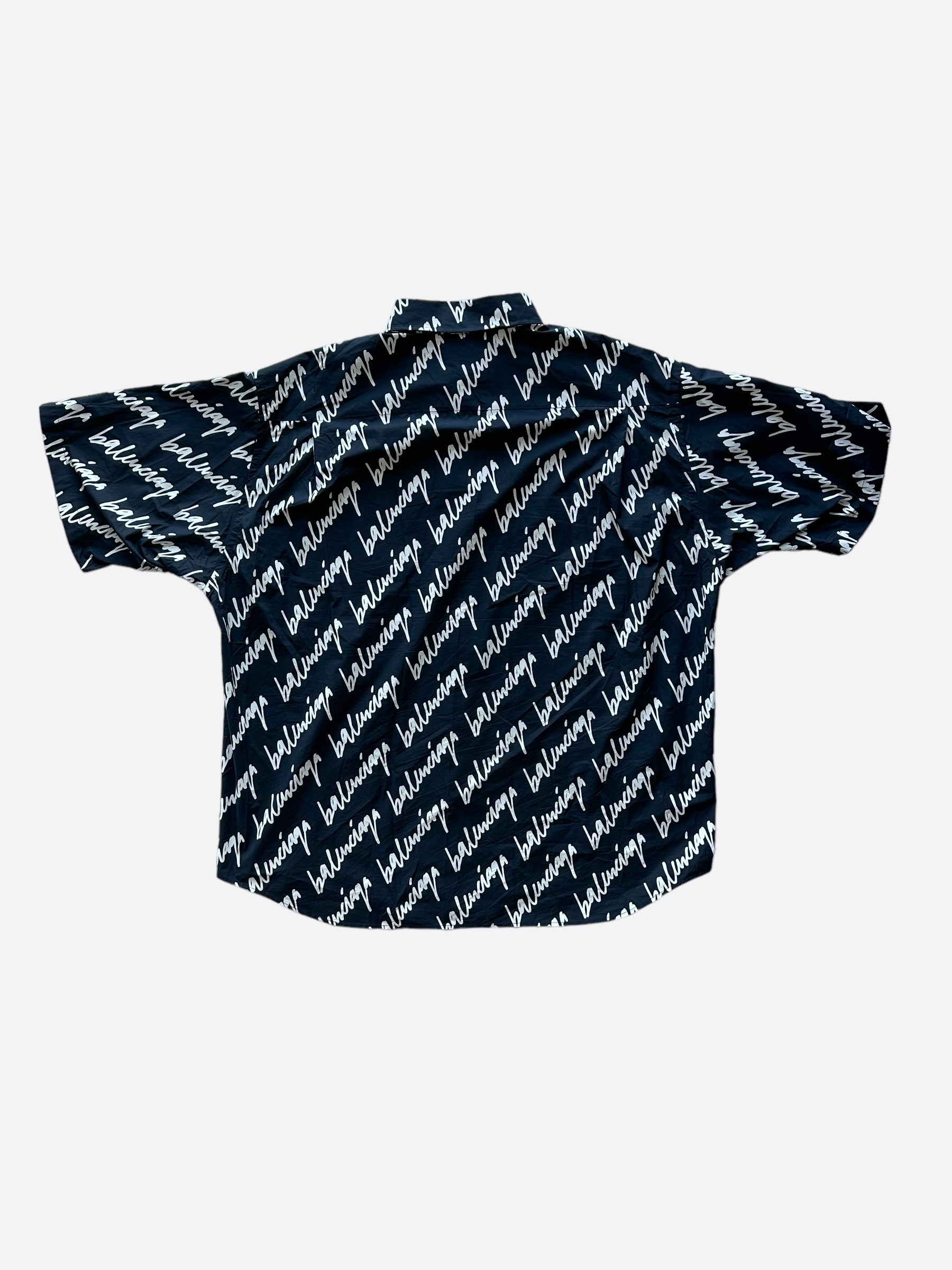 Balenciaga Navy & White Script Logo Button Up Shirt for Men - Stylish Casual & Office Wear - Perfect for Business Meetings, Dates & Social Events