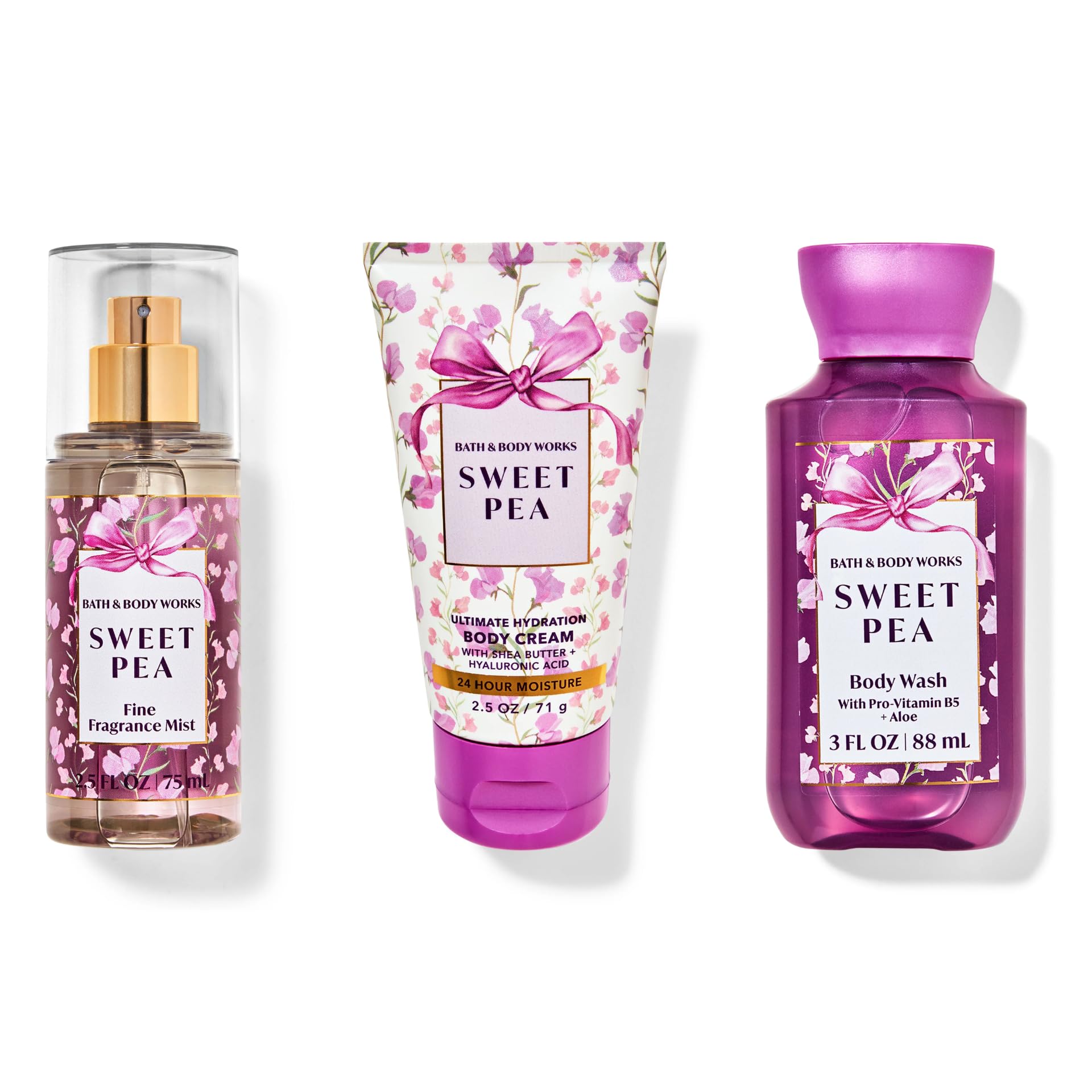 Bath & Body Works Sweet Pea Travel Set - 2.5oz Fragrance Mist, 2.5oz Shea Butter Body Cream & 3oz Body Wash | Mini Toiletries for Vacation, Gym Bag & Weekend Getaways | Floral Scented Travel Essentials