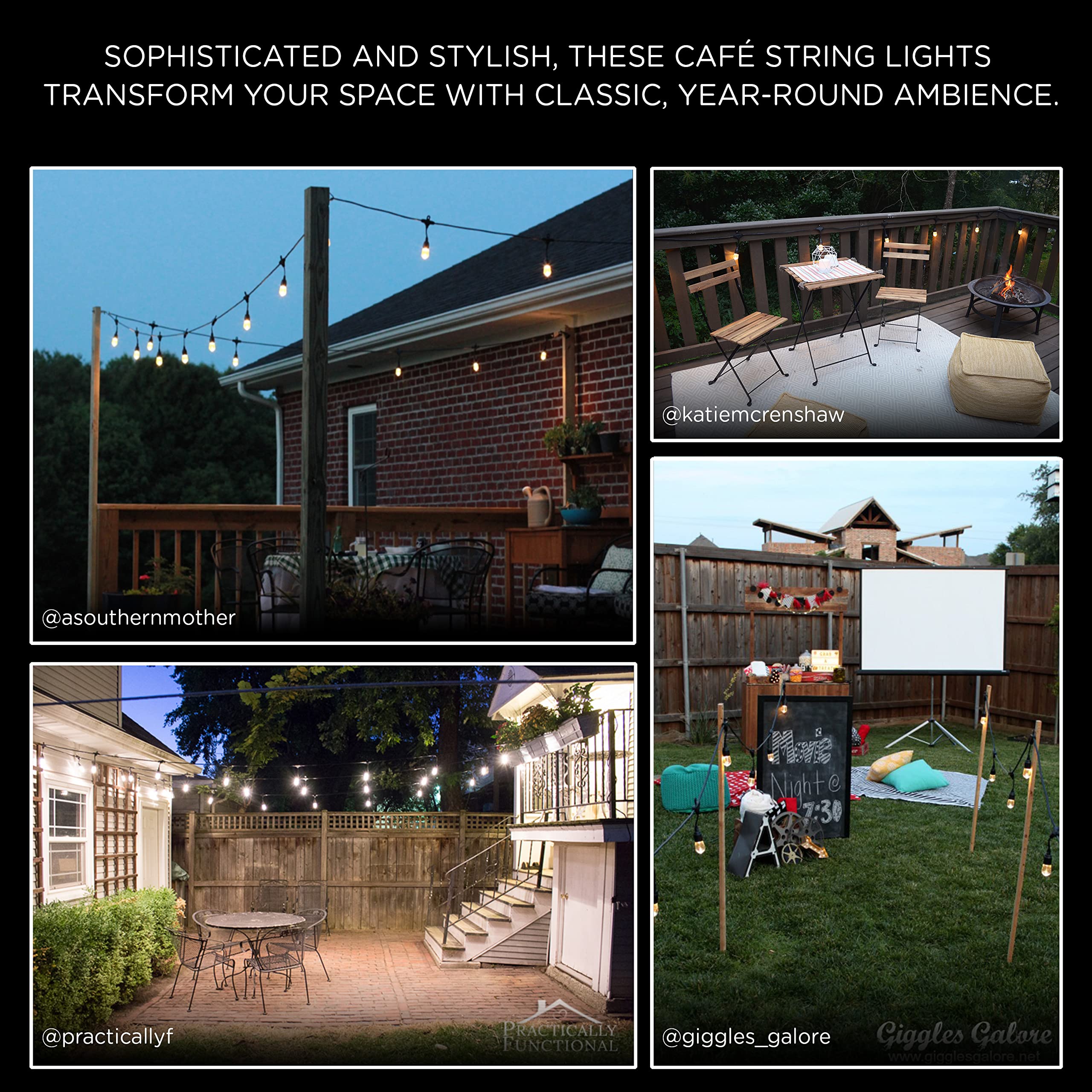 Enbrighten 48ft Black Outdoor String Lights with 24 Shatterproof Acrylic Bulbs - Classic Warm White Weatherproof LED Lights for Patio, Garden, Backyard & Wedding Decor