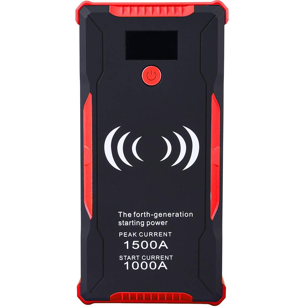1500A Peak 18000mAh 12V Portable Car Jump Starter with LCD Display, Dual USB Ports & Wireless Charger - Emergency Vehicle Battery Booster (Red, 9.1×4.7×3.9in) for Cars, Trucks, SUVs, Motorcycles & Boats