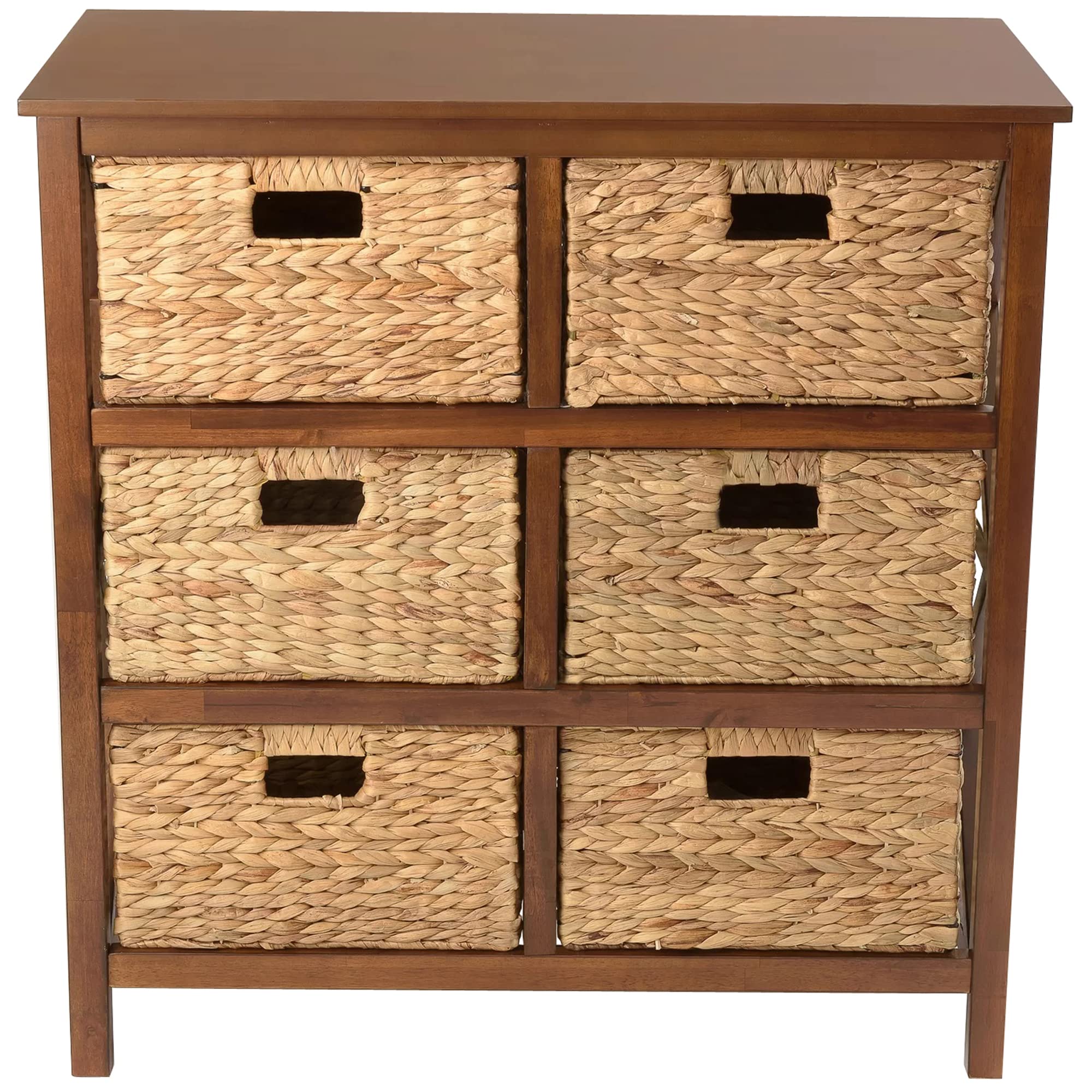 3-Tier X-Side End Table Storage Cabinet with 6 Wicker Baskets - Walnut Finish for Living Room, Bedroom, or Entryway Organization