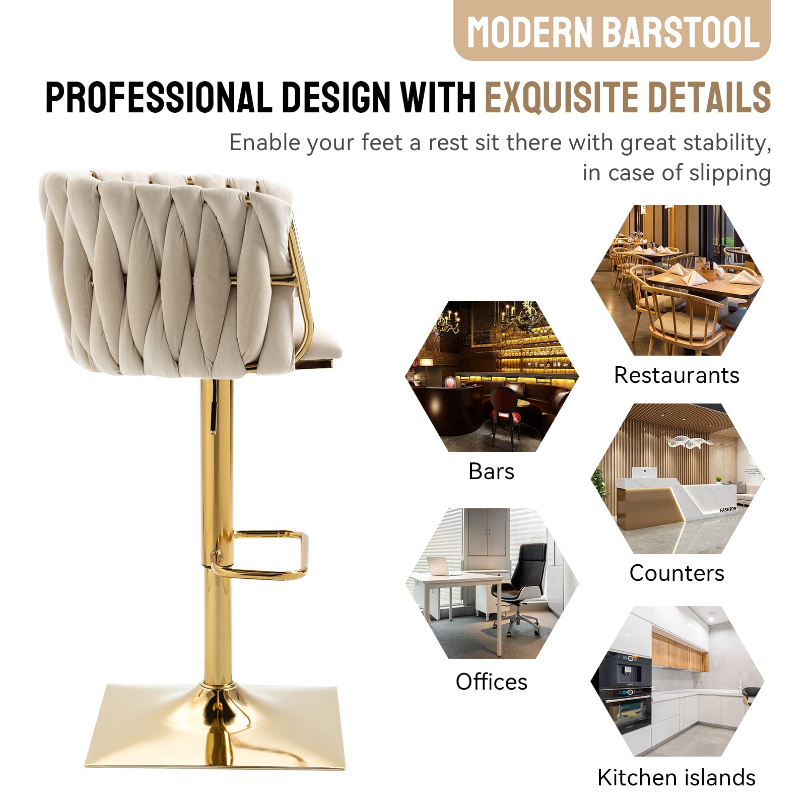 NIOIIKIT Velvet Upholstered Swivel Bar Stool Set of 2 - Counter Height Dining Chairs with Hand Woven Backrest & Footrest - Kitchen Island, Pub, Bar Counter Stools for Home & Restaurant (Ivory)