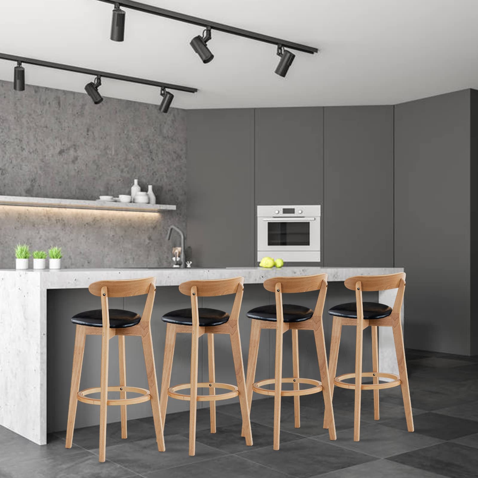 Premium Wooden Breakfast Bar Stool with PU Leather Backrest & Armrest - Comfortable Kitchen Counter Height Chair for Dining, Coffee Shops & Home Decor