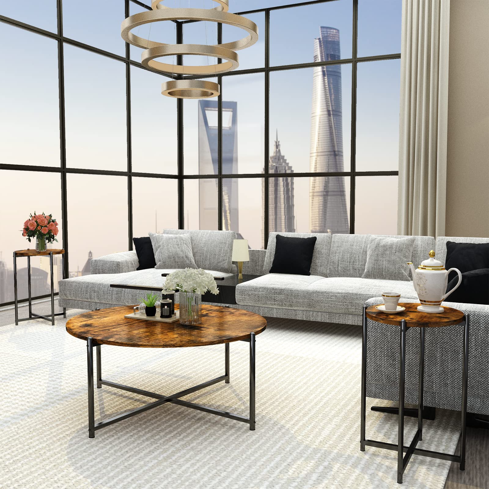 AWQM 3-Piece Coffee Table Set with Round Tabletop & Metal Cross Base - Rustic Brown - Perfect for Living Room, Apartment, Office, and Small Spaces