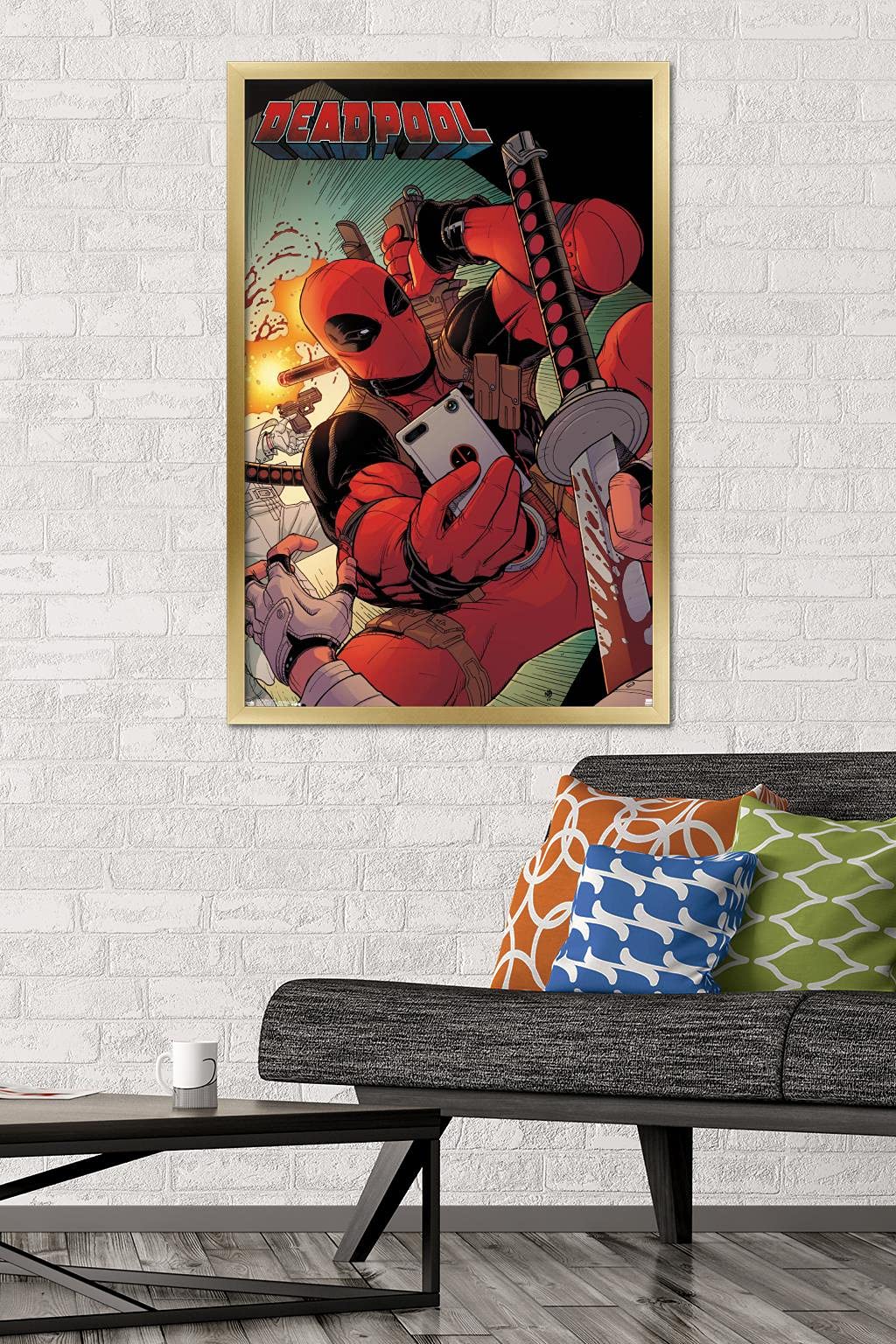Marvel Comics Deadpool Selfie Wall Poster - 22.375 x 34 Inches Gold Framed Version - Perfect for Home Decor, Office & Comic Fan Gifts