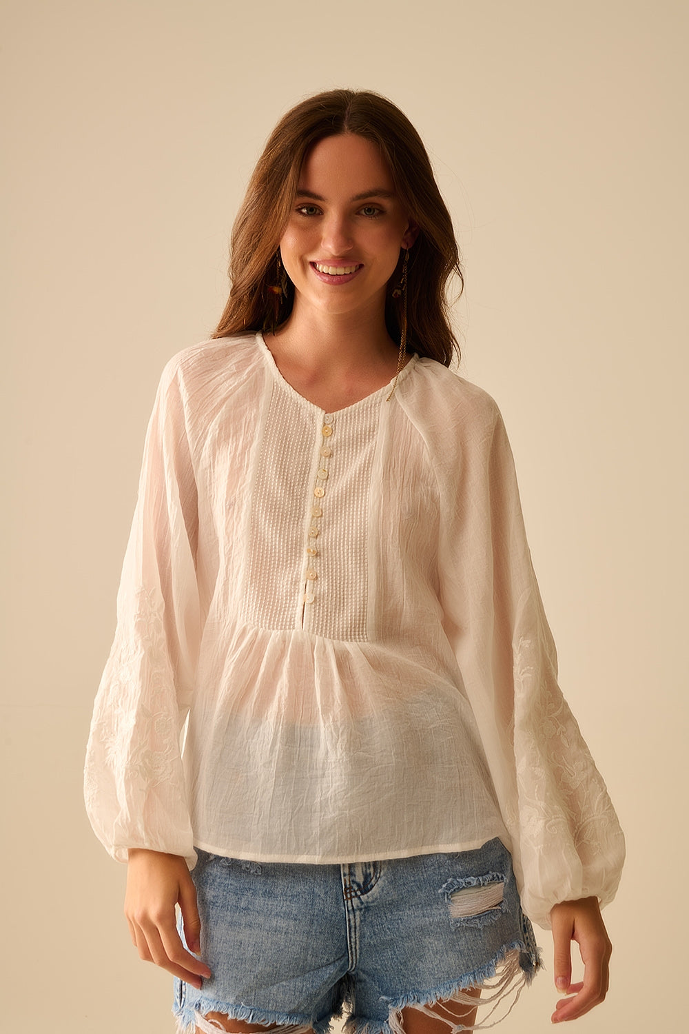 White Silk Chiffon Blouse with Embroidered Sleeves - Elegant Women's Top for Office, Party & Special Occasions