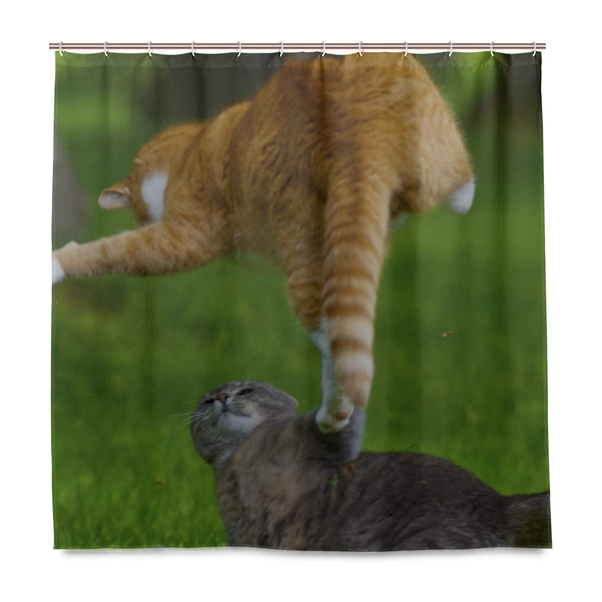 Premium Black Cat Playful Grass Meadow Design Polyester Shower Curtain Set - 72x72 Inches for Bathroom Decor, Kitty Lover Gift - Perfect for Themed Bathrooms, Pet-Friendly Homes & Whimsical Interior Design