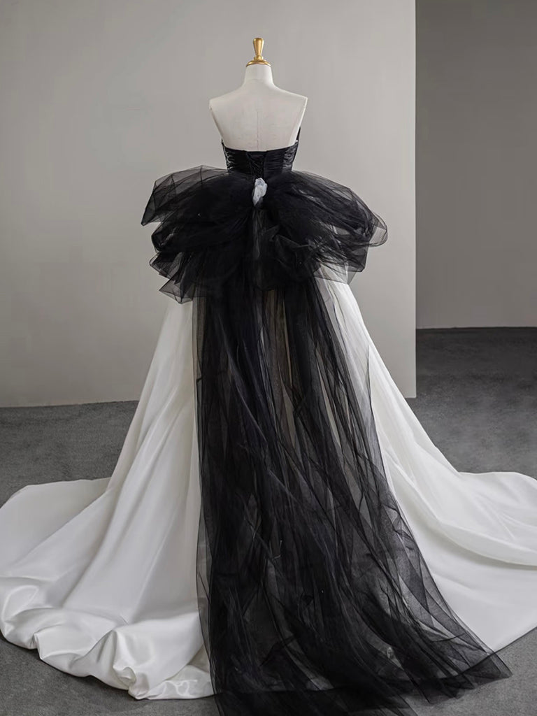 Elegant A-Line V-Neck Satin Tulle Long Prom Dress in White & Black - Perfect for Formal Dances, Evening Galas, and Special Occasions