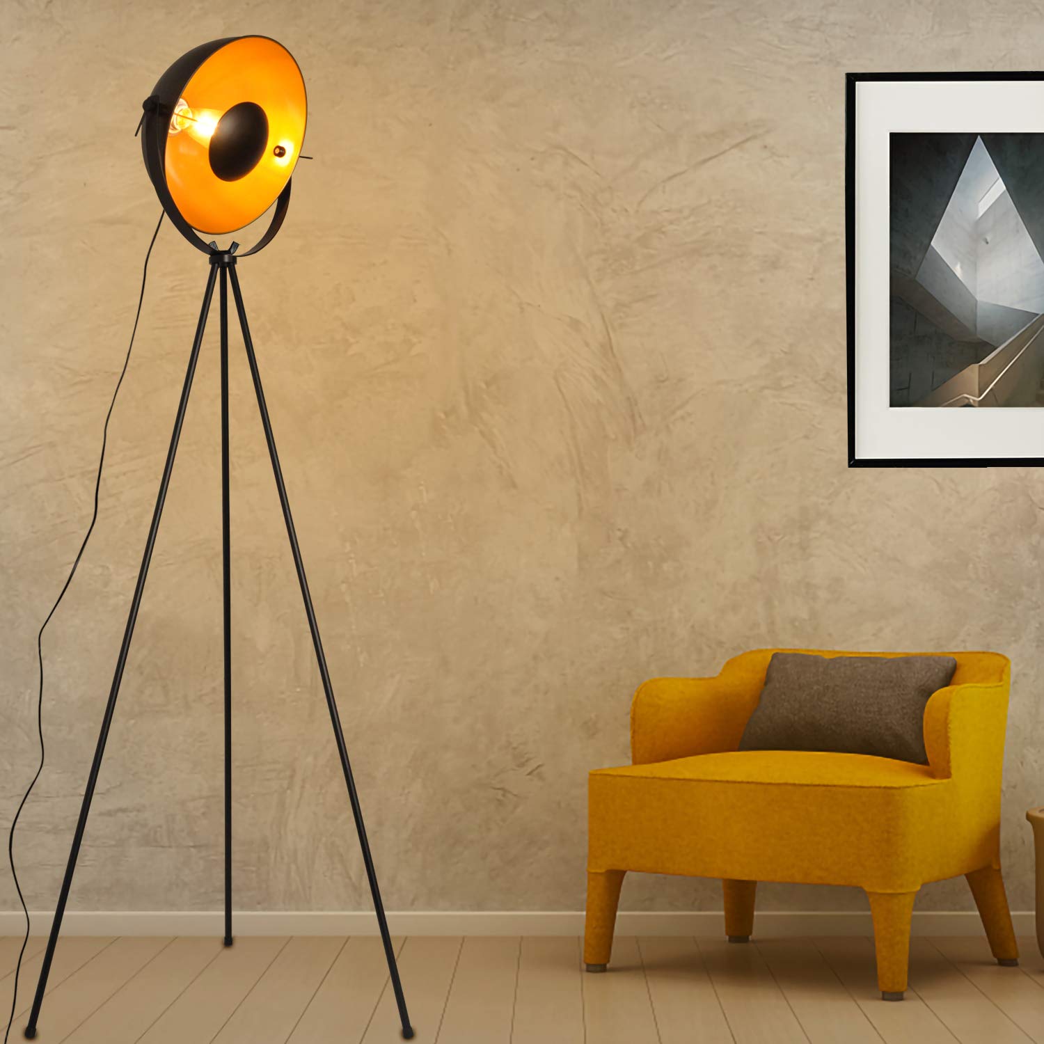 COSYLUX Industrial Tripod Floor Lamp - Modern Black & Gold Standing Light for Living Room, Bedroom, Office - Adjustable Height Tall Lamp for Reading, Relaxing, Decor (Bulbs Not Included)