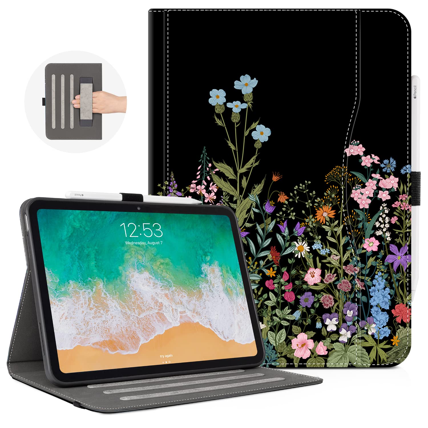 Premium iPad Case for 11th/10th Generation (2025/2022) - Floral Design with Pencil Holder, Hand Strap, Pocket & Adjustable Stand - Perfect for Work, School & Travel - Black Flower Pattern