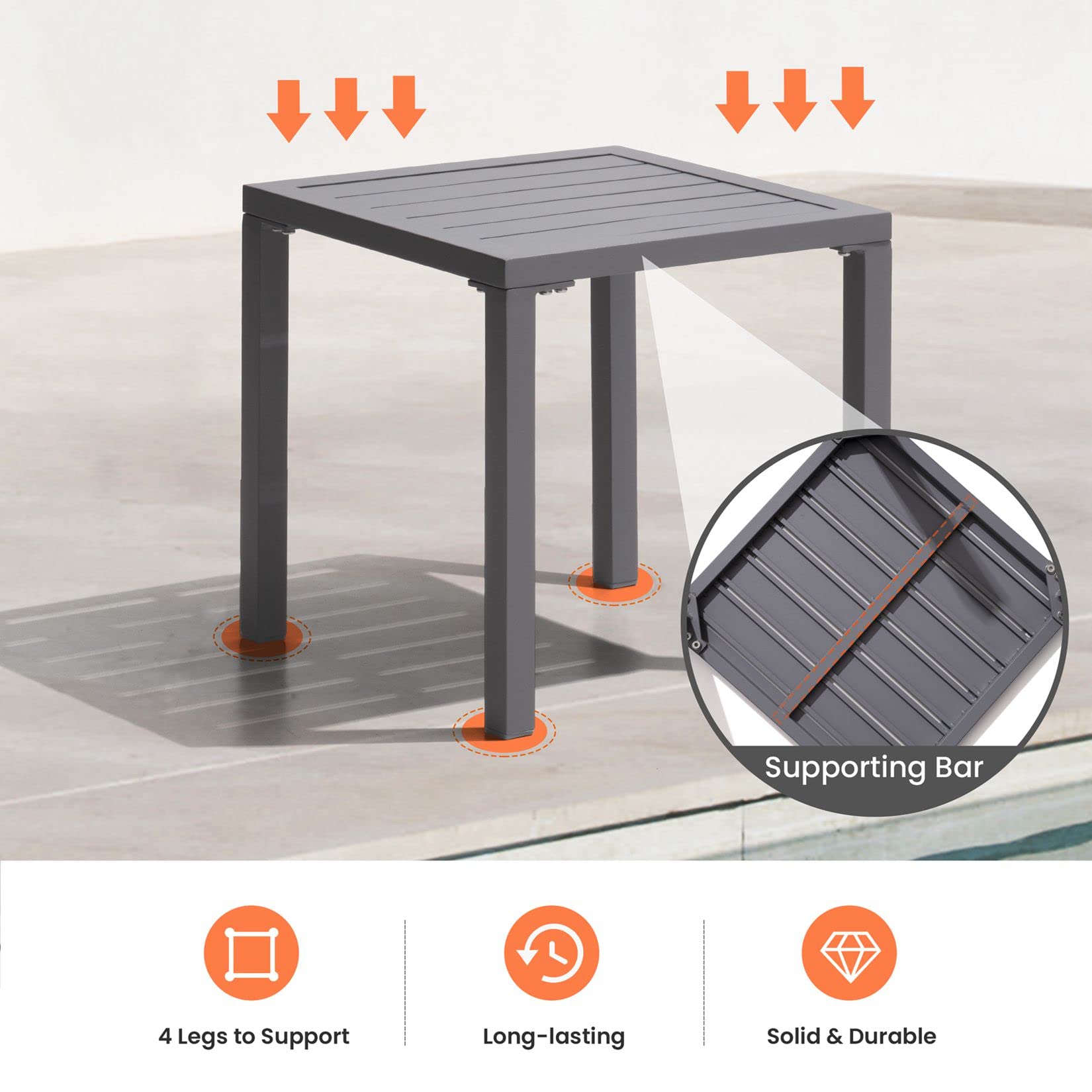 Pellebant 2-Piece Light Gray Aluminum Square Side Table Set - Indoor Outdoor Patio, Bistro, Chaise Lounge Coffee Table for Living Room, Garden, Poolside & Balcony