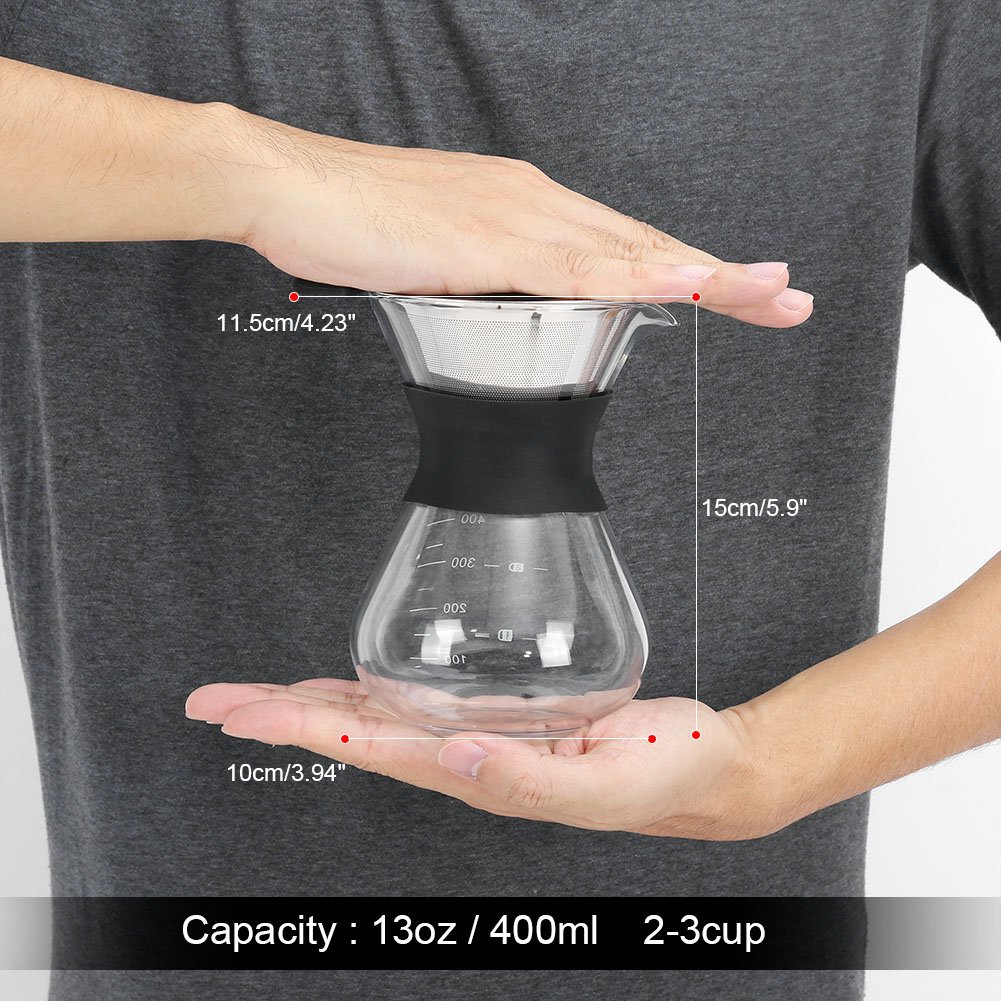 Premium Manual Hand Drip Coffee Maker - Glass Carafe with Stainless Steel Filter for Pour Over Coffee - Perfect for Home, Office & Camping Brewing