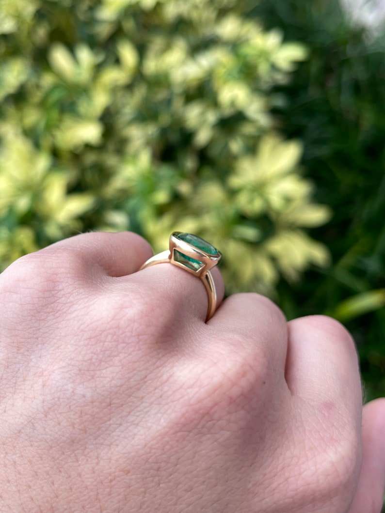 3.48ct Vivid Green East-West Emerald Engagement Ring in 18K Gold - Bezel Set Cushion Cut for Unique Style | Perfect for Proposal, Anniversary & Special Occasions