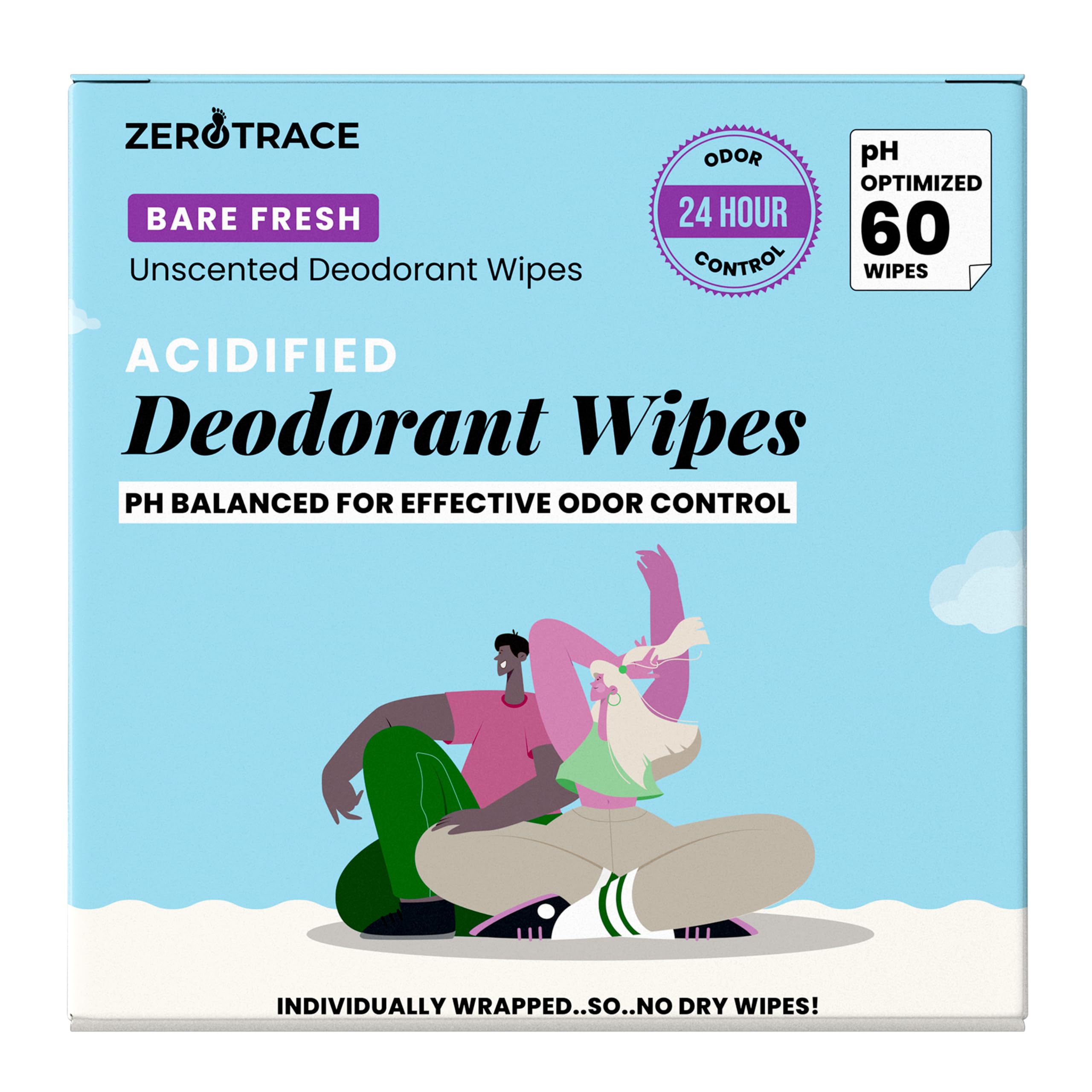 Zero Trace Travel Deodorant Wipes - 60 Count | 24-Hour Odor Control | Aluminum-Free & Hypoallergenic | Unscented Freshness for Women & Men | Individually Wrapped Underarm & Body Wipes | Perfect for Gym, Travel, Camping & On-The-Go Freshness