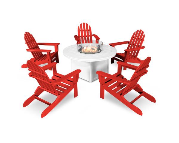 Polywood Classic Folding Adirondack 6-Piece Outdoor Patio Conversation Set with Fire Pit Table - Perfect for Backyard, Garden, and Poolside Relaxation