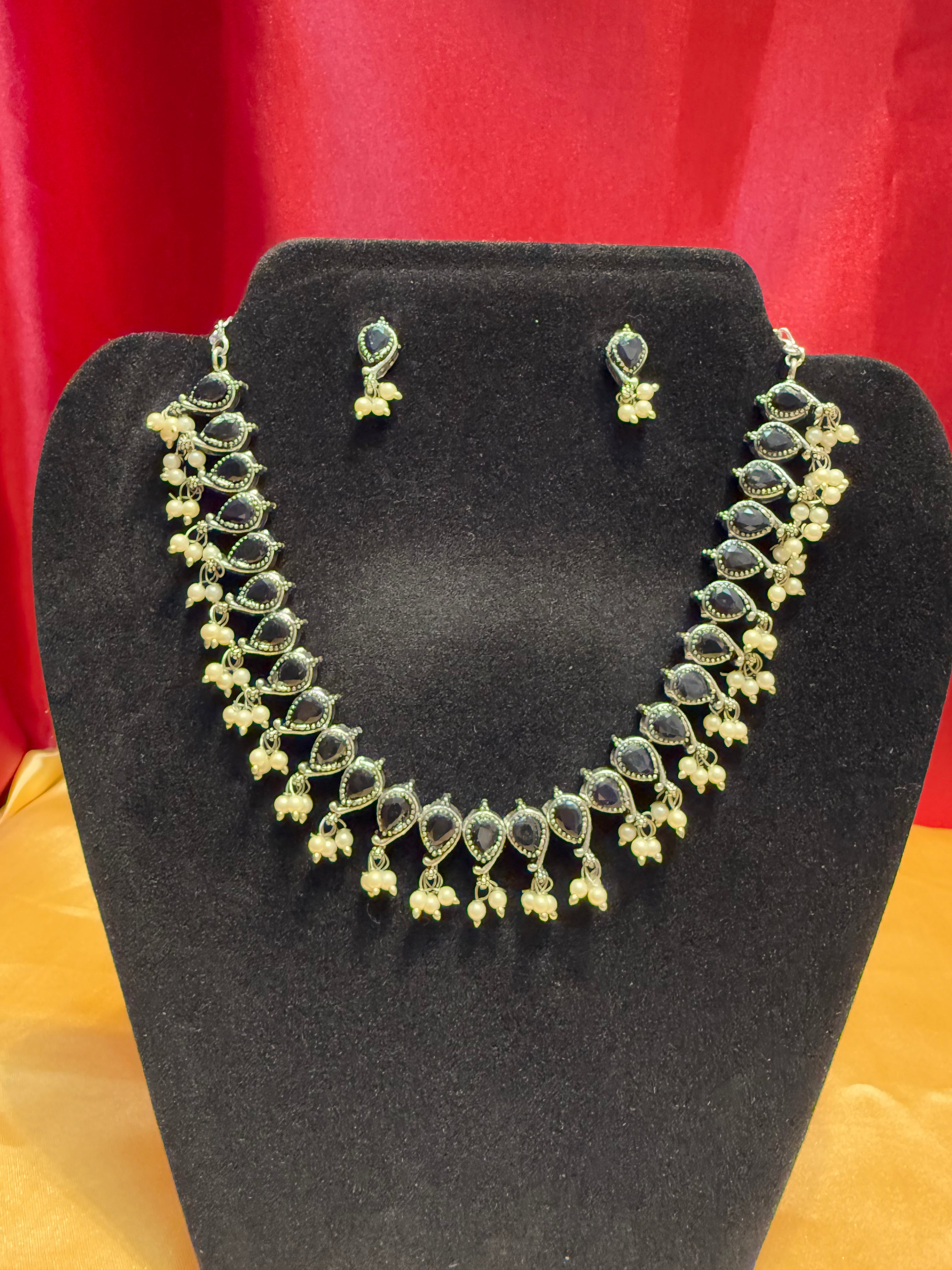 Elegant Black Oxidized Necklace and Earrings Set with White Beads - Perfect for Weddings, Parties & Special Occasions