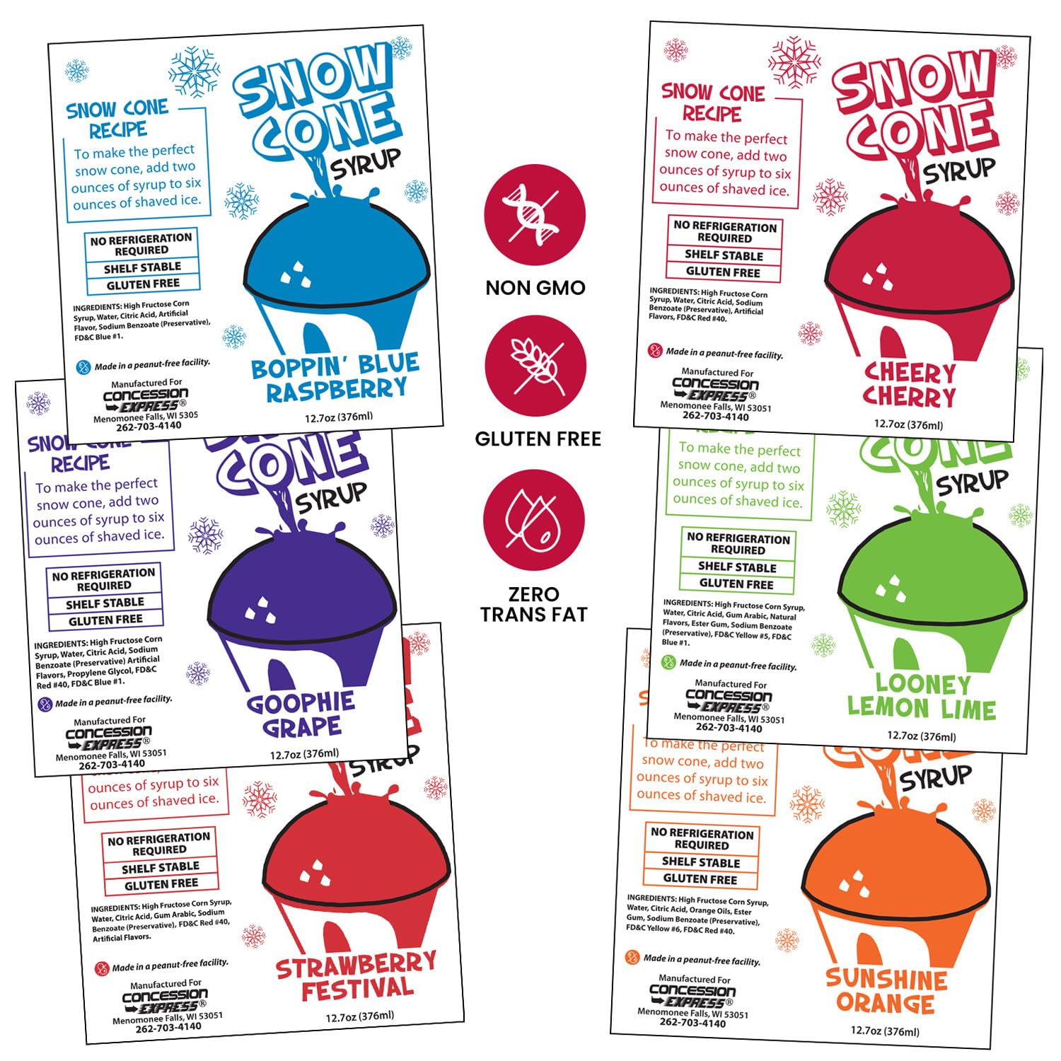 12.7oz Snow Cone Syrups (6 Pack) with Cups & Straws - Refreshing Summer Treat for Kids, Parties, Carnivals & Outdoor Events