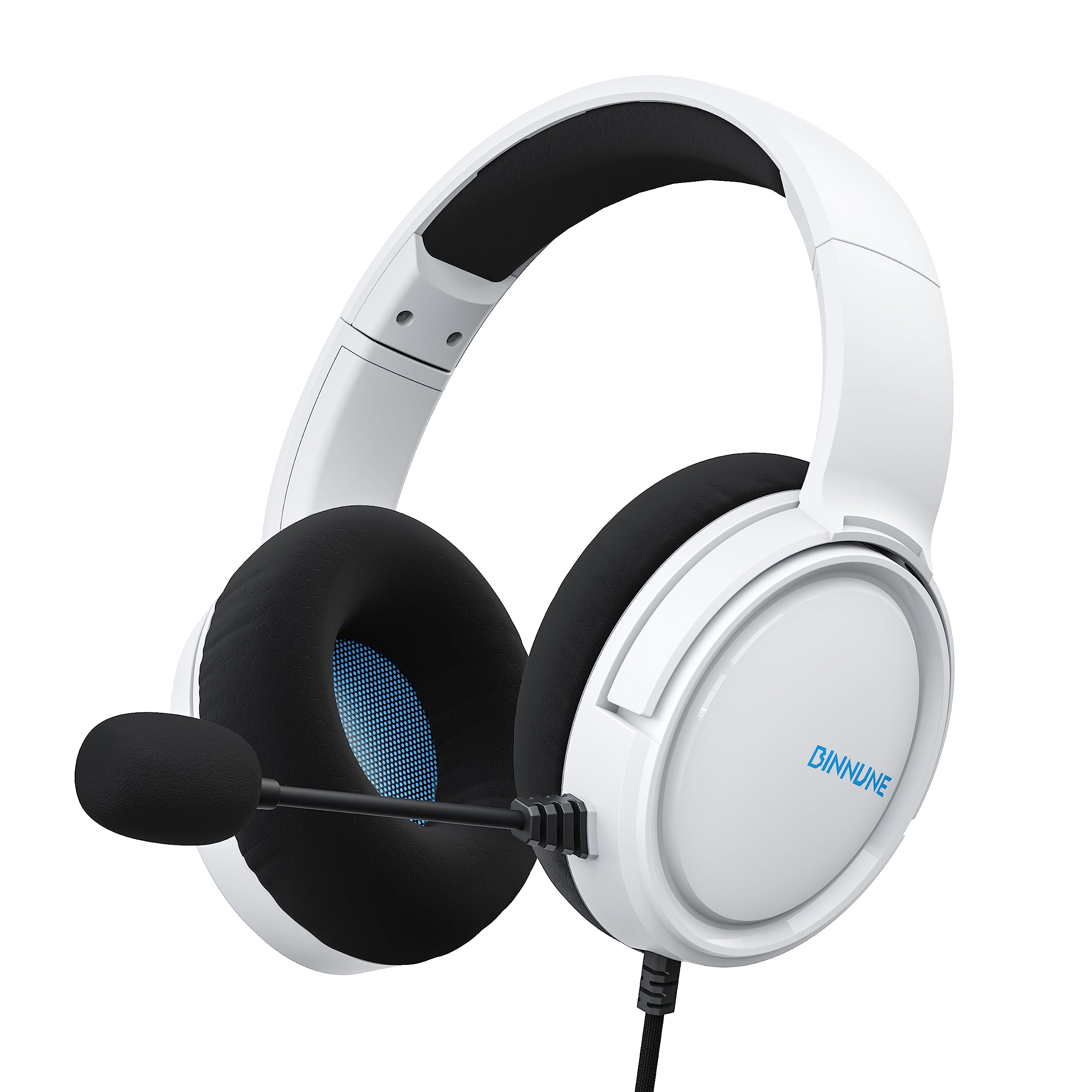 BINNUNE PS5 Gaming Headset with Noise Cancelling Mic - Compatible with PS4/PS5/PC/Xbox/Nintendo Switch - Wired Over-Ear Headphones for Immersive Gaming Experience (White) - Perfect for FPS, RPG and Online Multiplayer Games