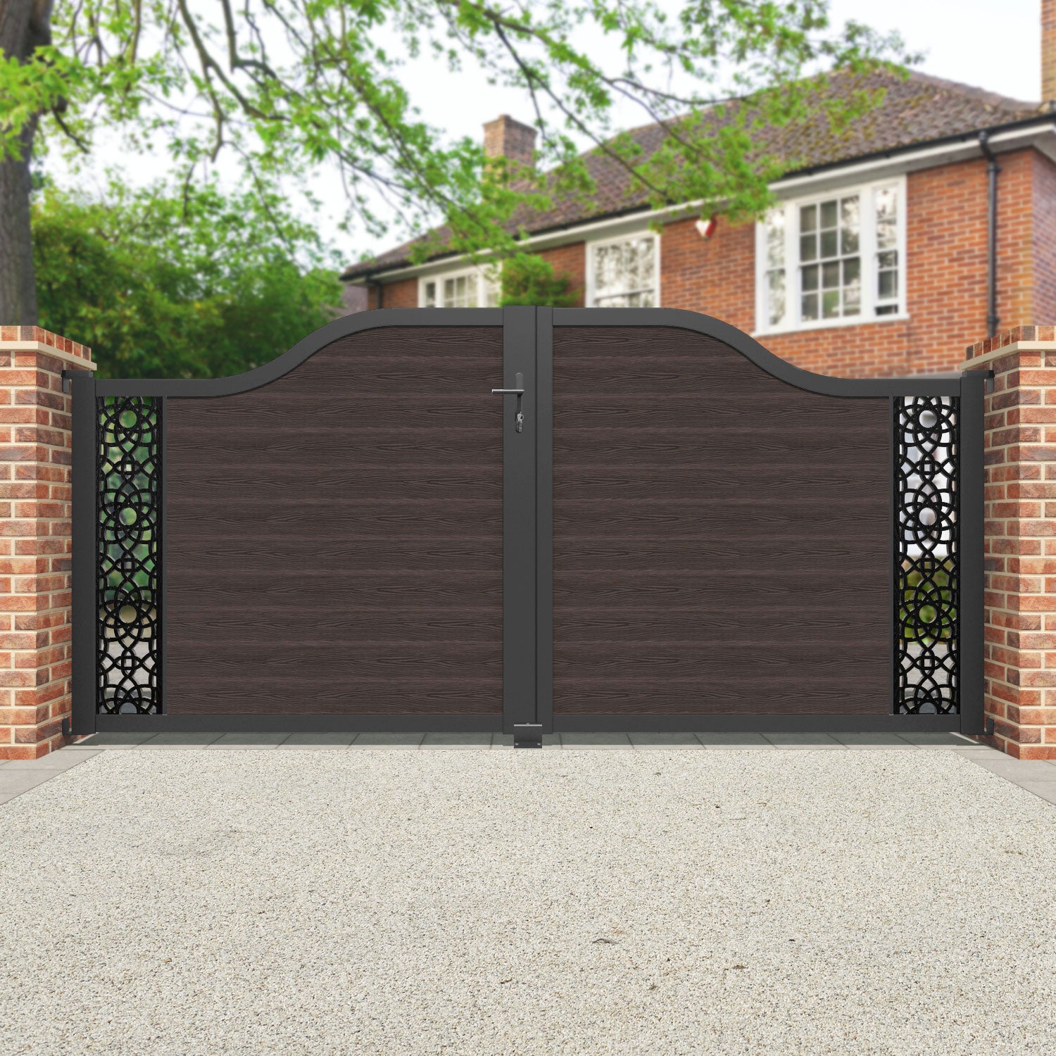 Classic Ambar Curved Top Driveway Gate - Mid Brown End Screen - Elegant Driveway Entrance for Homes & Estates - Perfect for Privacy & Security Enhancement