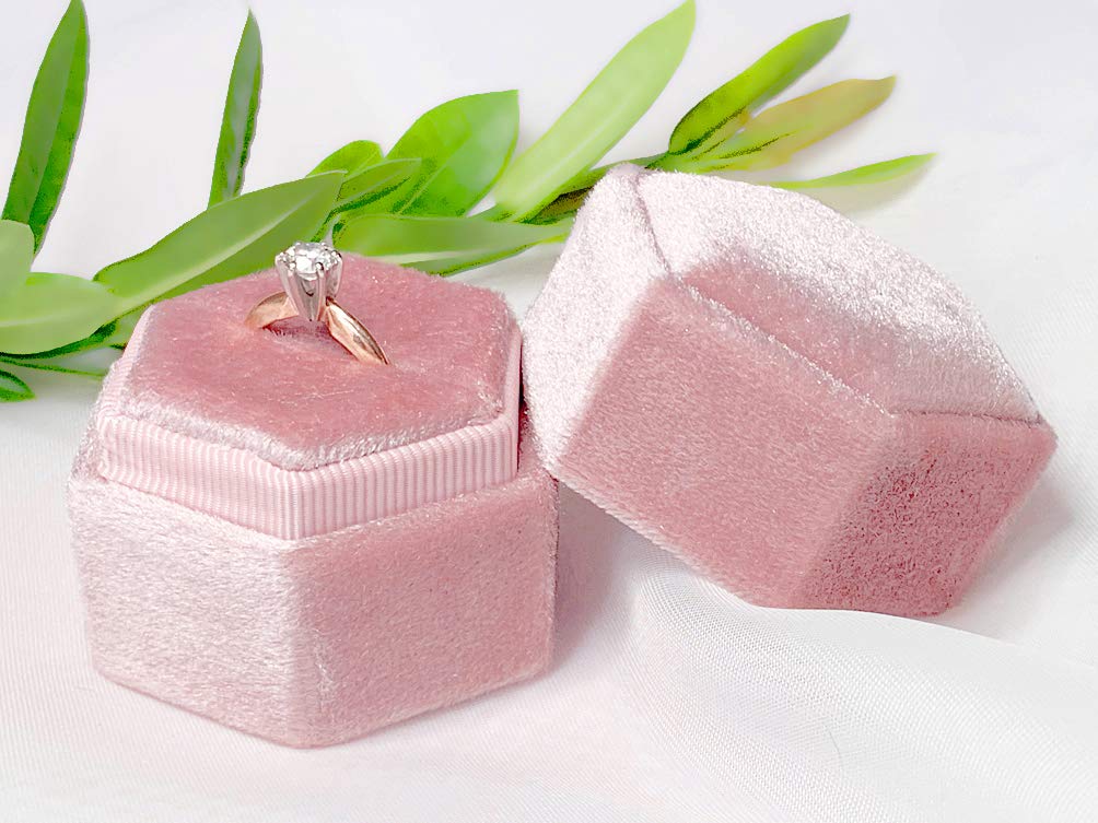 Vintage Velvet Hexagon Engagement Ring Box - Single Slot Proposal Ring Holder for Bride, Handmade Wedding Ring Bearer Box, Rose Pink Velvet Jewelry Gift Box - Perfect for Proposals, Weddings & Anniversaries