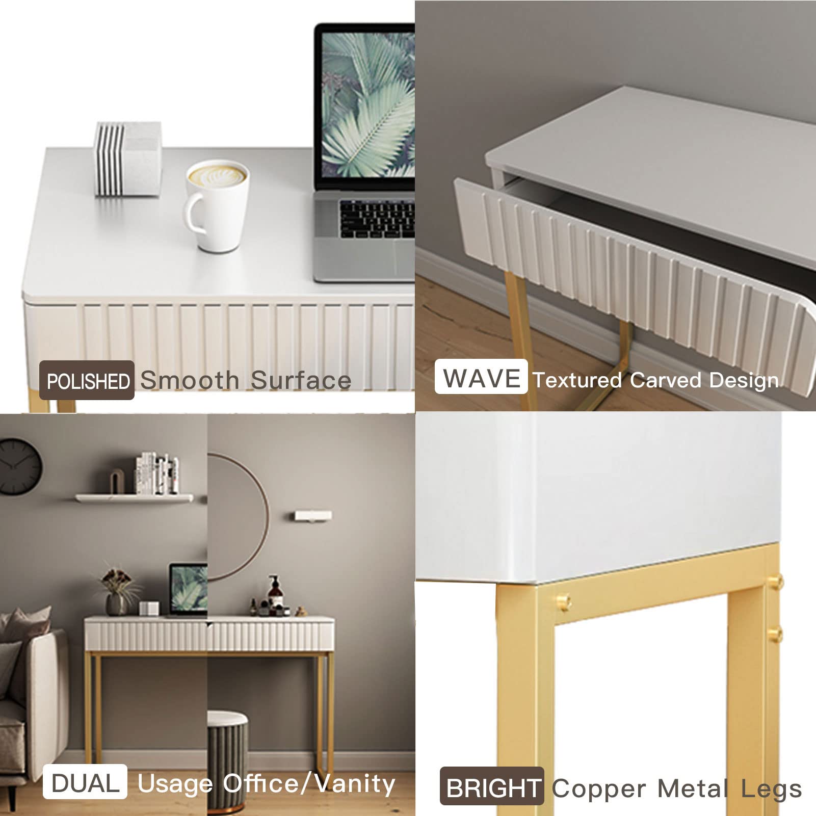 Modern Gold Legs Writing Desk with 2 Drawers - 43.3x15.75 Inch Home Office Desk for Computer Work, Makeup Vanity, Study or Entryway Sofa Table - Perfect for Small Spaces & Contemporary Decor