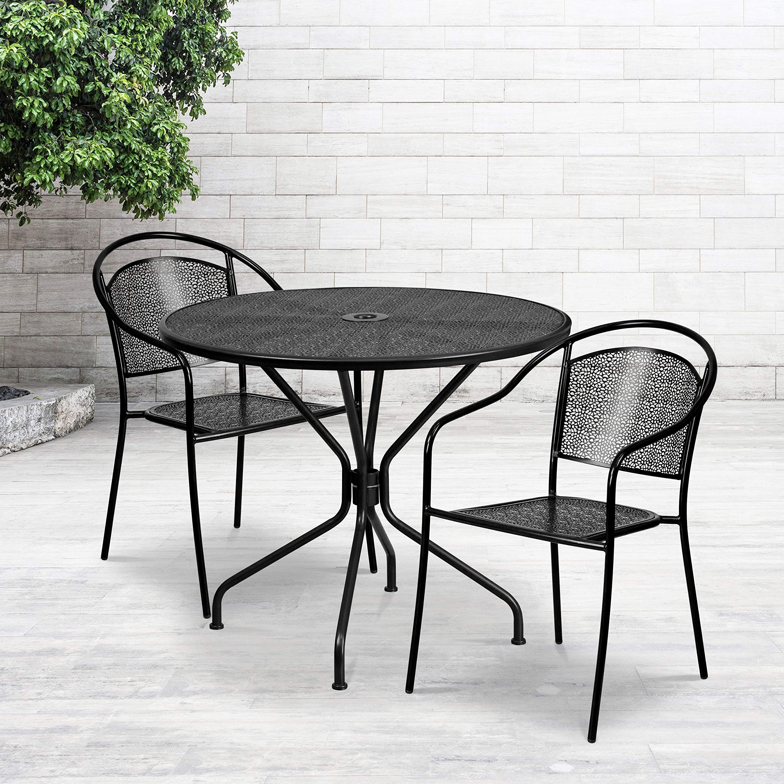 EMMA + OLIVER 35.25 Inch Round Black Outdoor Dining Table Set with 2 Chairs - Heavy Duty Commercial Grade Patio Furniture for Garden, Backyard, Poolside & Restaurant Use