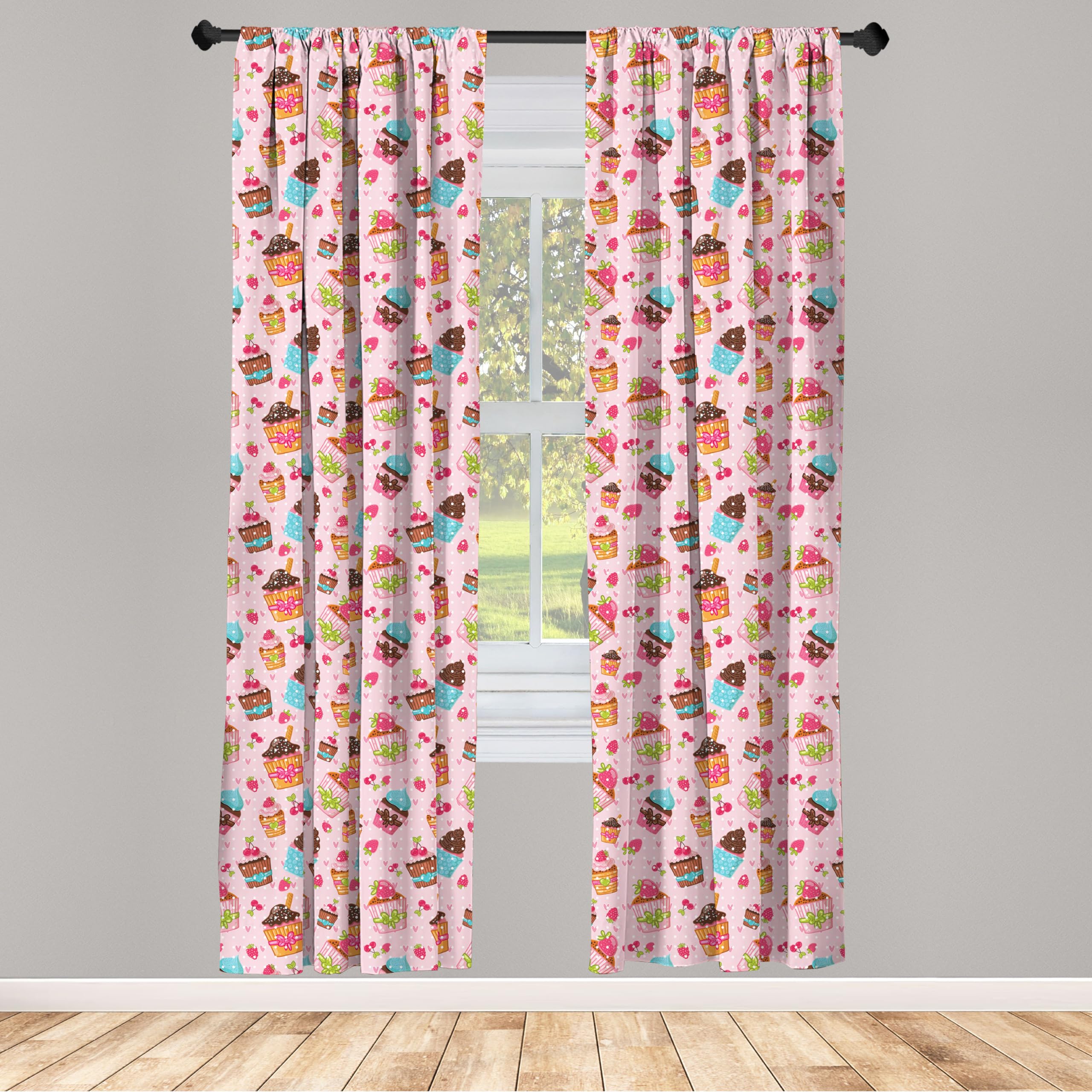 Ambesonne Pink Cupcake Kitchen Curtains - 2-Panel Set with Rod Pocket, 28