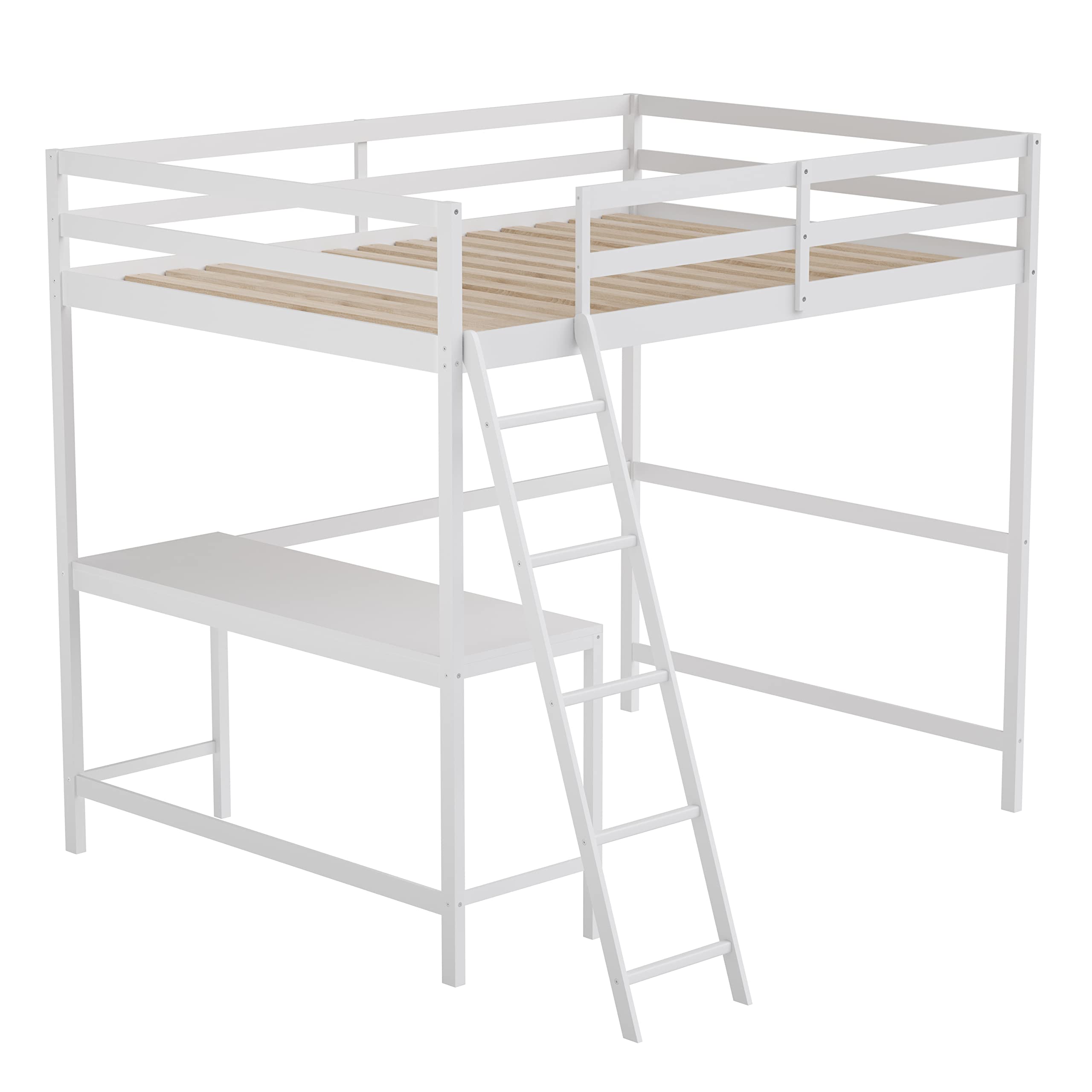 White Full Size Loft Bed Frame with Desk & Wood Slats - Sturdy Protective Guard Rails & Space-Saving Ladder - Perfect for Kids & Teens Bedrooms - Ideal for Small Spaces & Dorm Rooms