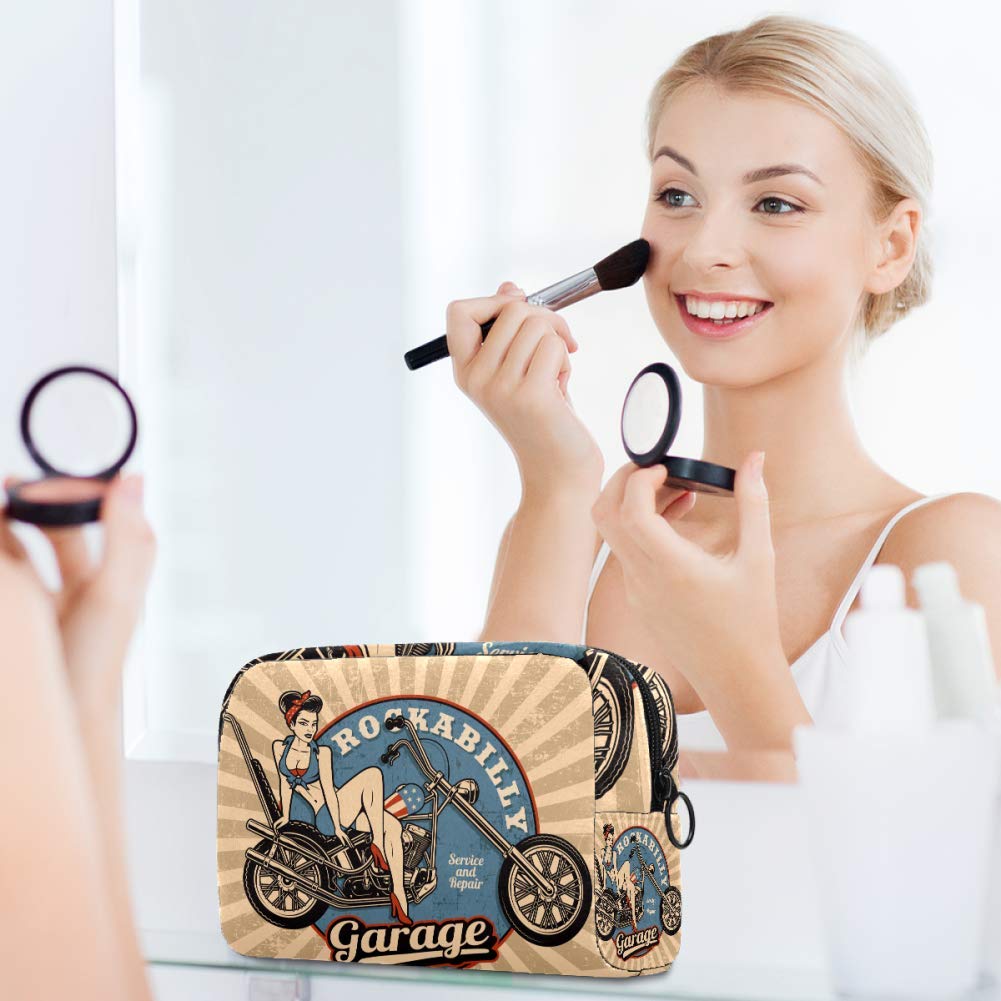 Pin Up Girl Motorcycle Monochrome Makeup Bag - Waterproof Cosmetic & Toiletry Travel Organizer for Women | Portable Storage for Makeup Tools, Brushes, Toiletries | Perfect for Travel, Gym, Beach & Daily Use