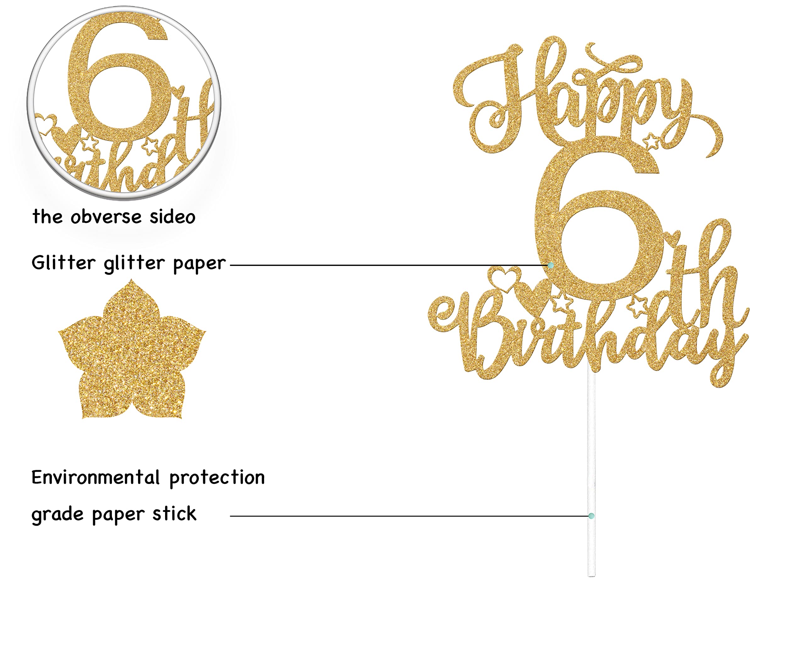 6th Birthday Cake Topper - Gold 'Sweet Sassy & Six' Cake Decorations for Boys & Girls | Cheers to 6 Years Party Supplies | Perfect for Birthday Cakes, Cupcakes & Dessert Tables