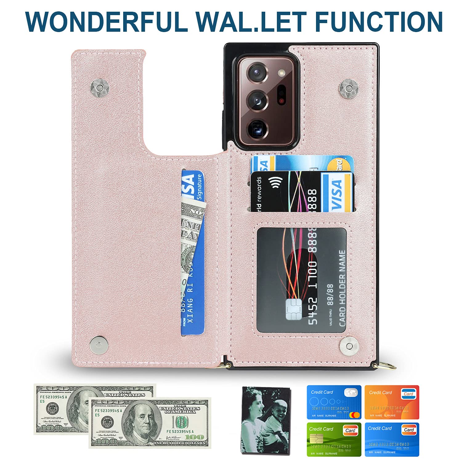 CCSmall Removable Crossbody Wallet Case for Samsung Galaxy Note 20 Ultra - Card Holder & Shockproof Purse Cover with Detachable Strap (Rose Gold) | Perfect for Travel, Shopping & Everyday Use