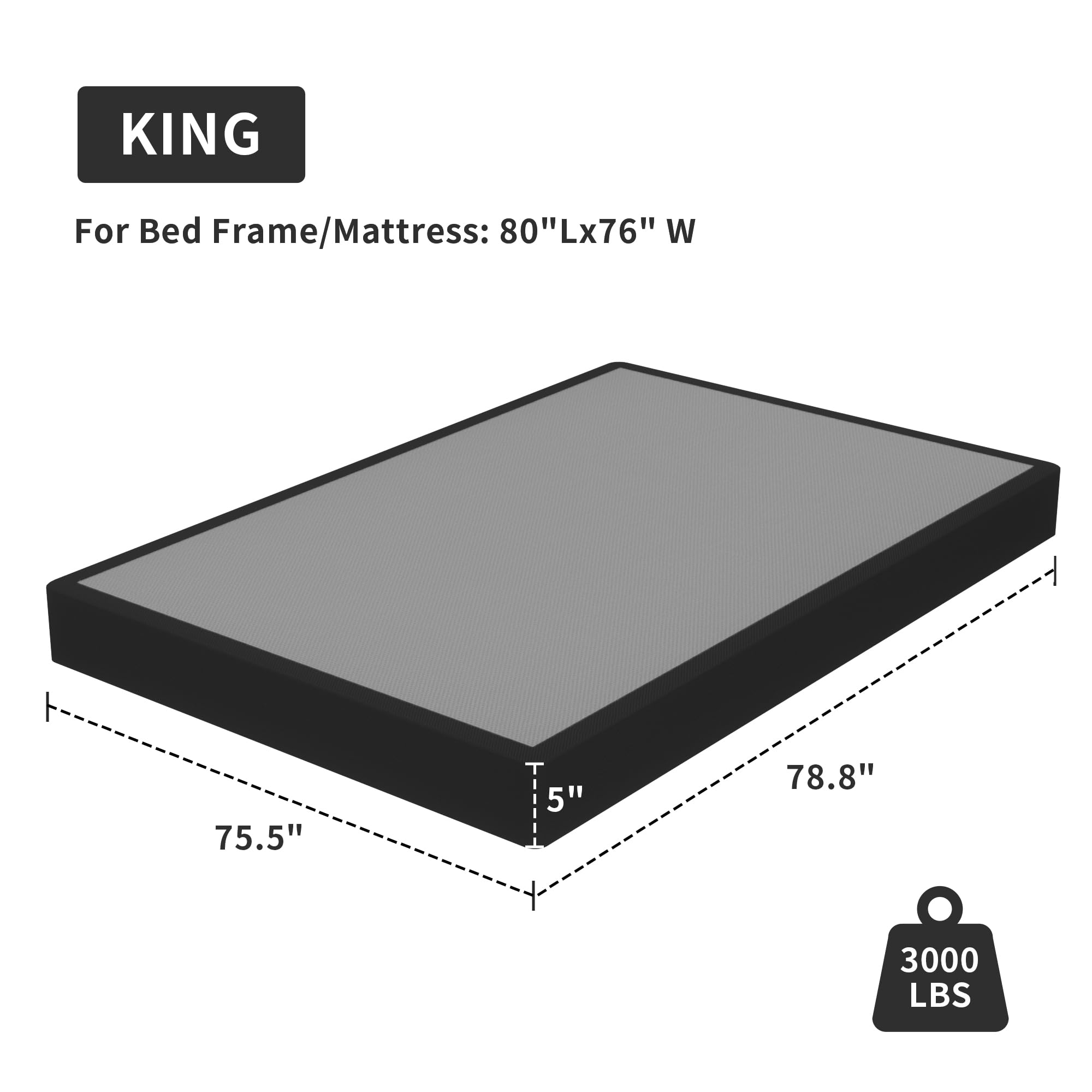 **5 Inch Heavy Duty King Box Spring - 3000lbs Max Weight Metal Bed Frame with Fabric Cover | Noise-Free Mattress Foundation for King Bed | Easy Assembly | Ideal for Master Bedrooms & Guest Rooms**